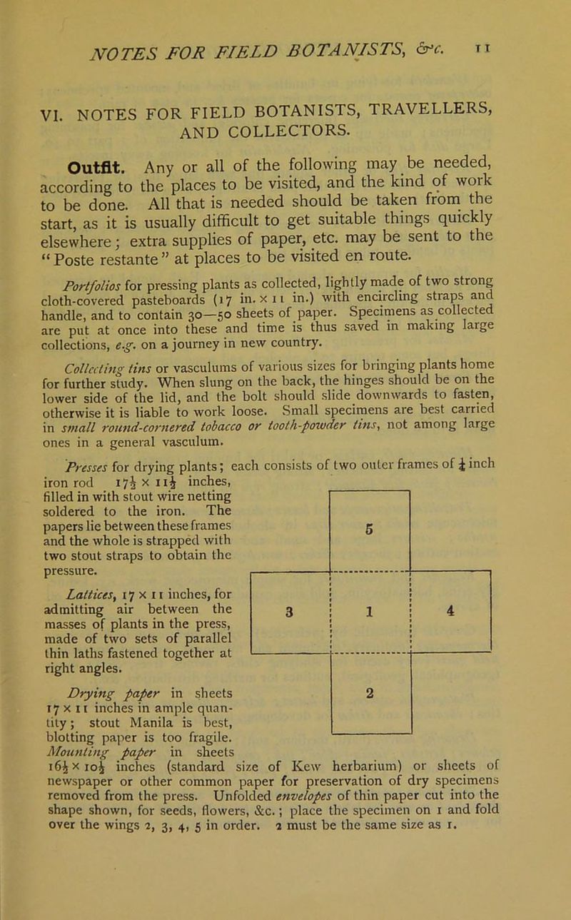 VI. NOTES FOR FIELD BOTANISTS, TRAVELLERS, AND COLLECTORS. Outfit. Any or all of the following may be needed, according to the places to be visited, and the kind of work to be done. All that is needed should be taken from the start, as it is usually difficult to get suitable things quickly elsewhere; extra supplies of paper, etc. may be sent to the “Poste restante” at places to be visited en route. Portfolios for pressing plants as collected, lightly made of two strong cloth-covered pasteboards (17 in. x 11 in.) with encircling straps and handle, and to contain 30—50 sheets of paper. Specimens as collected are put at once into these and time is thus saved in making large collections, e.g. on a journey in new country. Collecting tins or vasculums of various sizes for bringing plants home for further study. When slung on the back, the hinges should be on the lower side of the lid, and the bolt should slide downwards to fasten, otherwise it is liable to work loose. Small specimens are best carried in small round-cornered tobacco or tooth-powder tins, not among large ones in a general vasculum. Presses for drying plants; each consists of two outer frames of £ inch iron rod 17i x 11 js inches, filled in with stout wire netting soldered to the iron. The papers lie between these frames and the whole is strapped with two stout straps to obtain the pressure. Lattices, 17x11 inches, for admitting air between the masses of plants in the press, made of two sets of parallel thin laths fastened together at right angles. Drying paper in sheets 17x11 inches in ample quan- tity ; stout Manila is best, blotting paper is too fragile. Mounting paper in sheets i6£xio£ inches (standard size of Kew herbarium) or sheets of newspaper or other common paper for preservation of dry specimens removed from the press. Unfolded envelopes of thin paper cut into the shape shown, for seeds, flowers, &c.; place the specimen on 1 and fold over the wings 2, 3, 4, 5 in order. 2 must be the same size as r.