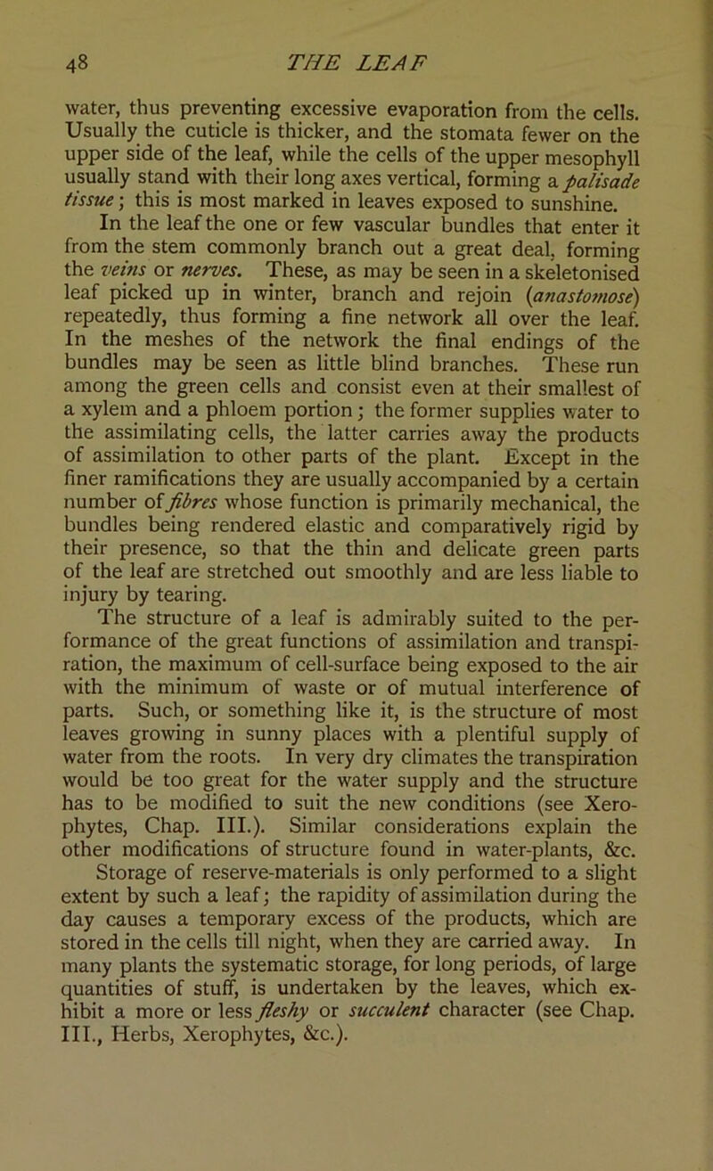 water, thus preventing excessive evaporation from the cells. Usually the cuticle is thicker, and the stomata fewer on the upper side of the leaf, while the cells of the upper mesophyll usually stand with their long axes vertical, forming a palisade tissue; this is most marked in leaves exposed to sunshine. In the leaf the one or few vascular bundles that enter it from the stem commonly branch out a great deal, forming the veins or nerves. These, as may be seen in a skeletonised leaf picked up in winter, branch and rejoin (anastomose) repeatedly, thus forming a fine network all over the leaf. In the meshes of the network the final endings of the bundles may be seen as little blind branches. These run among the green cells and consist even at their smallest of a xylem and a phloem portion; the former supplies water to the assimilating cells, the latter carries away\he products of assimilation to other parts of the plant. Except in the finer ramifications they are usually accompanied by a certain number of fibres whose function is primarily mechanical, the bundles being rendered elastic and comparatively rigid by their presence, so that the thin and delicate green parts of the leaf are stretched out smoothly and are less liable to injury by tearing. The structure of a leaf is admirably suited to the per- formance of the great functions of assimilation and transpi- ration, the maximum of cell-surface being exposed to the air with the minimum of waste or of mutual interference of parts. Such, or something like it, is the structure of most leaves growing in sunny places with a plentiful supply of water from the roots. In very dry climates the transpiration would be too great for the water supply and the structure has to be modified to suit the new conditions (see Xero- phytes, Chap. III.). Similar considerations explain the other modifications of structure found in water-plants, &c. Storage of reserve-materials is only performed to a slight extent by such a leaf; the rapidity of assimilation during the day causes a temporary excess of the products, which are stored in the cells till night, when they are carried away. In many plants the systematic storage, for long periods, of large quantities of stuff, is undertaken by the leaves, which ex- hibit a more or less fleshy or succulent character (see Chap. III., Herbs, Xerophytes, &c.).