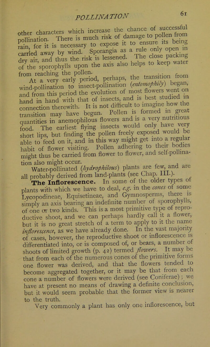 6r -£s« Hrv air and thus the risk is lessened, the close packing c/the ’sporophylls upon the axis also helps to keep water horn reaehmg the pollen^^ transition from wind-pollination to insect-pollination (entomophily) began, Td from this period the evolution of most flowers went on hand in hand with that of insects, and is best studied in connection therewith. It is not difficult to imagine how the transition may have begun. Pollen is formed in great quantities in anemophilous flowers and is a very nutritious food. The earliest flying insects would only have very short lips, but finding the pollen freely exposed would be able to feed on it, and in this way might get into a regular habit of flower visiting. Pollen adhering to their bodies might thus be carried from flower to flower, and self-pollina- tion also might occur. Water-pollinated (/hydrophilous) plants are few, and aie all probably derived from land-plants (see Chap. III.). The Inflorescence. In some of the older types of plants with which we have to deal, eg. in the cones of some Lycopodineae, Equisetineae, and Gymnosperms, there is simply an axis bearing an indefinite number of sporophylls, of one or two kinds. This is a most primitive type of repro- ductive shoot, and we can perhaps hardly call it a flower, but it is no great stretch of a term to apply to it the name inflorescence, as we have already done. In the vast majority of cases, however, the reproductive shoot or inflorescence is differentiated into, or is composed of, or bears, a number of shoots of limited growth (p. 42) termed flowers. It may be that from each of the numerous cones of the primitive forms one flower was derived, and that the flowers tended to become aggregated together, or it may be that from each cone a number of flowers were derived (see Coniferae); we have at present no means of drawing a definite conclusion, but it would seem probable that the former view is nearer to the truth. Very commonly a plant has only one inflorescence, but