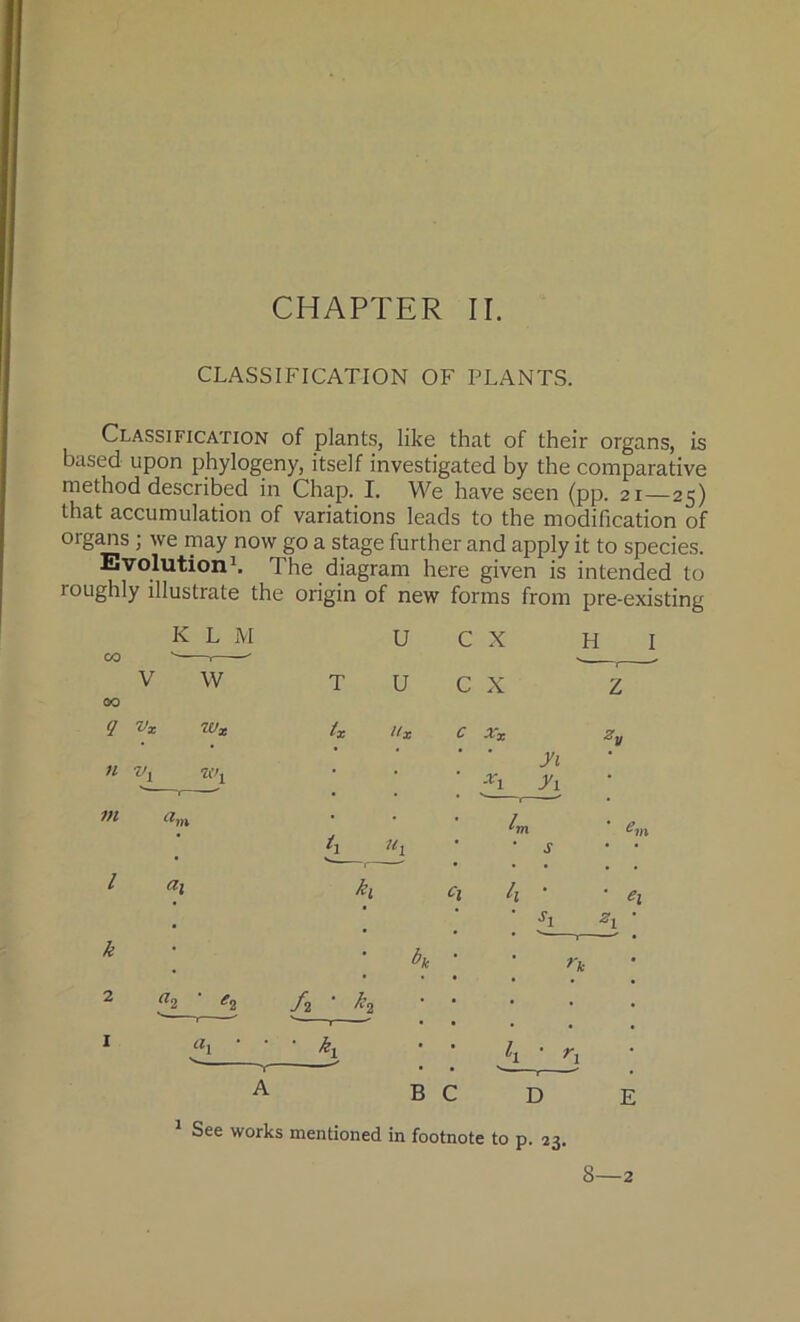 CLASSIFICATION OF PLANTS. Classification of plants, like that of their organs, is based upon phylogeny, itself investigated by the comparative method described in Chap. I. We have seen (pp. 21—25) that accumulation of variations leads to the modification of organs ; we may now go a stage further and apply it to species. Evolution1. The diagram here given is intended to roughly illustrate the origin of new forms from pre-existing K L M U c X H I CO V V W T u c X Z 00 Q vx wx tx llx c Xx zv n Vl V’l • • Xi yi y\ m am • Cm 111 * s • • * v 1 . . l Cl\ kl h • ex . fi •s’i • k ; bk • rk 2 «2 ' *2 /2 ^2 • • 1 cli ■ • ■ k. • L • r. A B C D E See works mentioned in footnote to p. 23. 8—2