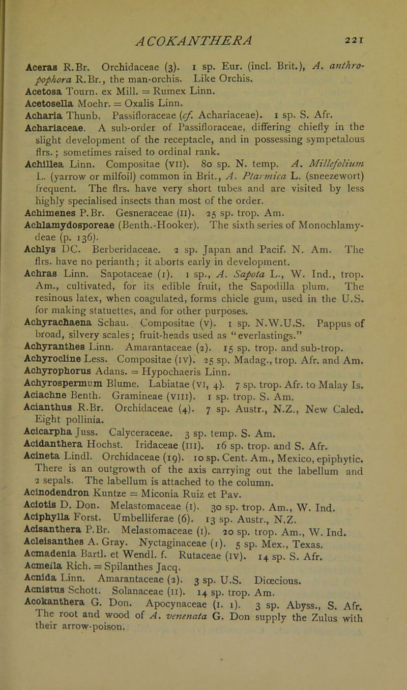Aceras R.Br. Orchidaceae (3). 1 sp. Eur. (incl. Brit.), A. anthro- pophora R.Br., the man-orchis. Like Orchis. Acetosa Tourn. ex Mill. = Rumex Linn. AcetoseUa Moehr. = Oxalis Linn. Acharia Thunb. Passilloraceae (cf. Achariaceae). 1 sp. S. Afr. Achariaceae. A sub-order of Passifloraceae, differing chiefly in the slight development of the receptacle, and in possessing sympetalous firs.; sometimes raised to ordinal rank. Achillea Linn. Compositae (vn). 80 sp. N. temp. A. Millefolium L. (yarrow or milfoil) common in Brit., A. Ptannica L. (sneezewort) frequent. The firs, have very short tubes and are visited by less highly specialised insects than most of the order. Achimenes P.Br. Gesneraceae (11). 25 sp. trop. Am. Achlamydosporeae (Benth.-Hooker). The sixth series of Monochlamy- deae (p. 136). Achly8 DC. Berberidaceae. 2 sp. Japan and Pacif. N. Am. The firs, have no perianth; it aborts early in development. Achras Linn. Sapotaceae (1). 1 sp., A. Sapota L., W. Ind., trop. Am., cultivated, for its edible fruit, the Sapodilla plum. The resinous latex, when coagulated, forms chicle gum, used in the U.S. for making statuettes, and for other purposes. Achyracfiaena Schau. Compositae (v). 1 sp. N.W.U.S. Pappus of broad, silvery scales; fruit-heads used as “everlastings.” Achyranthes Linn. Amarantaceae (2). 15 sp. trop. and sub-trop. Achyrocline Less. Compositae (iv). 25 sp. Madag., trop. Afr. and Am. Achyrophorus Adans. = Hypochaeris Linn. Achyrospennum Blume. Labiatae (vi, 4). 7 sp. trop. Afr. to Malay Is. Aciachne Benth. Gramineae (vm). 1 sp. trop. S. Am. Acianthus R.Br. Orchidaceae (4). 7 sp. Austr., N.Z., New Caled. Eight pollinia. Acicarpha Juss. Calyceraceae. 3 sp. temp. S. Am. Acidanthera Hochst. Iridaceae (111). 16 sp. trop. and S. Afr. Acineta Lindl. Orchidaceae (19). 10 sp. Cent. Am., Mexico, epiphytic. There is an outgrowth of the axis carrying out the labellum and 2 sepals. The labellum is attached to the column. Acinodendron Kuntze = Miconia Ruiz et Pav. Aciotis D. Don. Melastomaceae (1). 30 sp. trop. Am., W. Ind. Aciphylla Forst. Umbelliferae (6). 13 sp. Austr., N.Z. Acisanthera P.Br. Melastomaceae (1). 20 sp. trop. Am., W. Ind. AcleisantheB A. Gray. Nyctaginaceae (1). 5 sp. Mex., Texas. Acmadenla Bartl. et Wendl. f. Rutaceae (iv). 14 sp. S. Afr. Acmeila Rich. = Spilanthes Jacq. Acnida Linn. Amarantaceae (2). 3 sp. U.S. Dioecious. Acnistus Schott. Solanaceae (11). 14 sp. trop. Am. Acokanthera G. Don. Apocynaceae (1. 1). 3 sp. Abyss., S. Afr. The root and wood of A. venenata G. Don supply the Zulus with their arrow-poison.