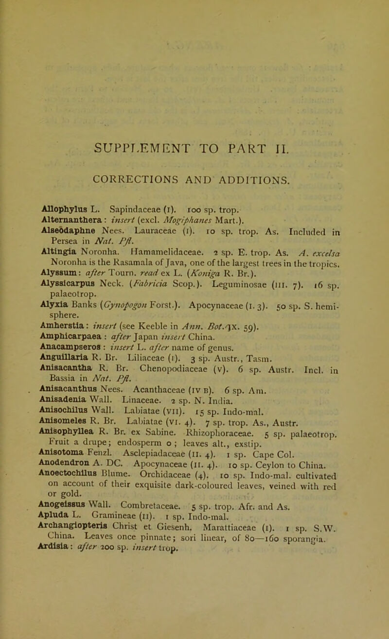 CORRECTIONS AND ADDITIONS. Allophylus L. Sapindaceae (i). 100 sp. trop. Alternanthera : insert (excl. Mogiphanes Mart.). Alseodaphne Nees. Lauraceae (i). to sp. trop. As. Included in Persea in Nat. PJl. Altlngia Noronha. Hamamelidaceae. i sp. E. trop. As. A. excclsa Noronha is the Rasamala of Java, one of the largest trees in the tropics. Alyssuin: after Tourn. read ex L. (Koniga R. Br.). Alysslcarpus Neck. (Fabricia Scop.). Leguminosae (ill. 7). 16 sp. palaeotrop. Alyxia Banks (Gynofogon Foist.). Apocynaceae (1. 3). 50 sp. S. hemi- sphere. Amherstla: insert (see Keeble in Ann. Bot.-y/.. 59). Amphicarpaea : after Japan insert China. Anacampseros : insert L. after name of genus. AnguUlaria R. Br. Liliaceae (1). 3 sp. Austr., Tasm. Anisacantha R. Br. Chenopodiaceae (v). 6 sp. Austr. Inch in Bassia in Nat. PJl. Anisacanthus Nees. Acanthaceae (iv n). 6 sp. Am. Anisadenia Wall. Linaceae. 1 sp. N. India. Anisochilus Wall. Labiatae (vn). 15 sp. Indo-mal. Anisomeles R. Br. Labiatae (vi. 4). 7 sp. trop. As., Austr. Amsophyllea R. Br. ex Sabine. Rhizophoraceae. 5 sp. palaeotrop. Fruit a drape; endosperm o; leaves alt., exstip. Anisotoma Fenzl. Asclepiadaceae (ix. 4). 1 sp. Cape Col. Anodendron A. DC. Apocynaceae (II. 4). 10 sp. Ceylon to China. AnoectochUus Blume. Orchidaceae (4). 10 sp. Indo-mal. cultivated on account of their exquisite dark-coloured leaves, veined with red or gold. Anogelssus Wall. Combretaceae. 5 sp. trop. Afr. and As. Apluda L. Gramineae (11). r sp. Indo-mal. Archangiopteris Christ et Giesenh. Marattiaceae (1). 1 sp. S.W. China. Leaves once pinnate; sori linear, of 80—160 sporangia. Ardisla: after 200 sp. insert trop.