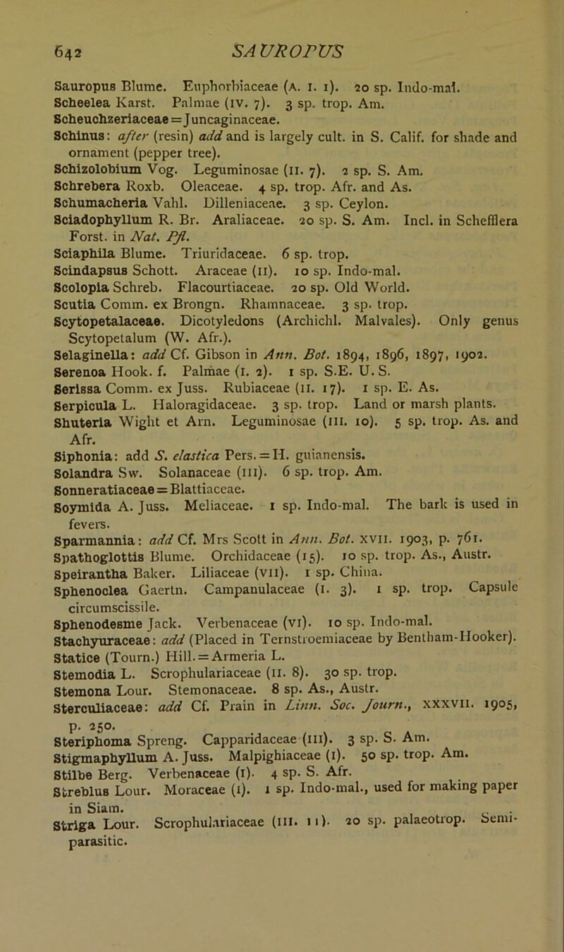 Sauropus Blume. Euphorbiaceae (a. i. i). 20 sp. Indo-mal. Scheelea Karst. Palniae (iv. 7). 3 sp. trop. Am. Scheuchzeriaceae=Juncaginaceae. Schinus: after (resin) add and is largely cult, in S. Calif, for shade and ornament (pepper tree). Schizolobium Vog. Leguminosae (11. 7). 2 sp. S. Am. Schrebera Roxb. Oleaceae. 4 sp. trop. Afr. and As. Sehumacheria Vahl. Dilleniaceae. 3 sp. Ceylon. Sciadophyllum R. Br. Araliaceae. 20 sp. S. Am. Inch in Schefflera Forst. in Nat. PJl. Sciaphila Blume. Triuridaceae. 6 sp. trop. Sciiidapsus Schott. Araceae (11). 10 sp. Indo-mal. Scolopia Schreb. Flacourtiaceae. 20 sp. Old World. Scutia Comm, ex Brongn. Rhamnaceae. 3 sp. trop. Scytopetalaceae. Dicotyledons (Archichl. Malvales). Only genus Scytopetalum (W. Afr.). Selaginella: add Cf. Gibson in Ann. Bot. 1894, 1896, 1897, 1902. Serenoa Hook. f. Palmae (1. 2). 1 sp. S.E. U. S. Serissa Comm, ex Juss. Rubiaceae (11. 17). 1 sp. E. As. Serpicula L. Haloragidaceae. 3 sp. trop. Land or marsh plants. Shuteria Wight et Arn. Leguminosae (in. 10). 5 sp. trop. As. and Afr. Siphonia: add S. elastica Pers. = PI. guianensis. Solandra Sw. Solanaceae (in). 6 sp. trop. Am. Sonneratiaceae = Blattiaccae. Soymtda A. Juss. Meliaceae. 1 sp. Indo-mal. The bark is used in fevers. Sparmannia: add Cf. Mrs Scott in Ann. Bot. xvii. 1903, p. 761. Spathoglottis Blume. Orchidaceae (15). 10 sp. trop. As., Austr. Speirantha Baker. Liliaceae (vii). 1 sp. China. Sphenoclea Gaertn. Campanulaceae (1. 3). 1 sp. trop. Capsule circumscissile. Sphenodesme Jack. Verbenaceae (vi). 10 sp. Indo-mal. Stachyuraceae: ^/(Placed in Ternstroemiaceae by Bentham-Hooker). Statice (Tourn.) Hill. = Armeria L. Stemodia L. Scrophulariaceae (11. 8). 30 sp. trop. Stemona Lour. Stemonaceae. 8 sp. As., Austr. Sterculiaceae: add Cf. Prain in Linn. Soc. Journ., xxxvii. 1905, p. 250. Steriphoma Spreng. Capparidaceae (in). 3 sp. S. Am. StigmapbyUum A. Juss. Malpighiaceae (1). 50 sp. trop. Am. Stilbe Berg. Verbenaceae (1). 4 sp. S. Afr. Streblus Lour. Moraceae (1). 1 sp. Indo-mal., used for making paper in Siam. Striga Lour. Scrophulariaceae (in. 1«)• 20 sp. palaeotrop. Senn- parasitic.