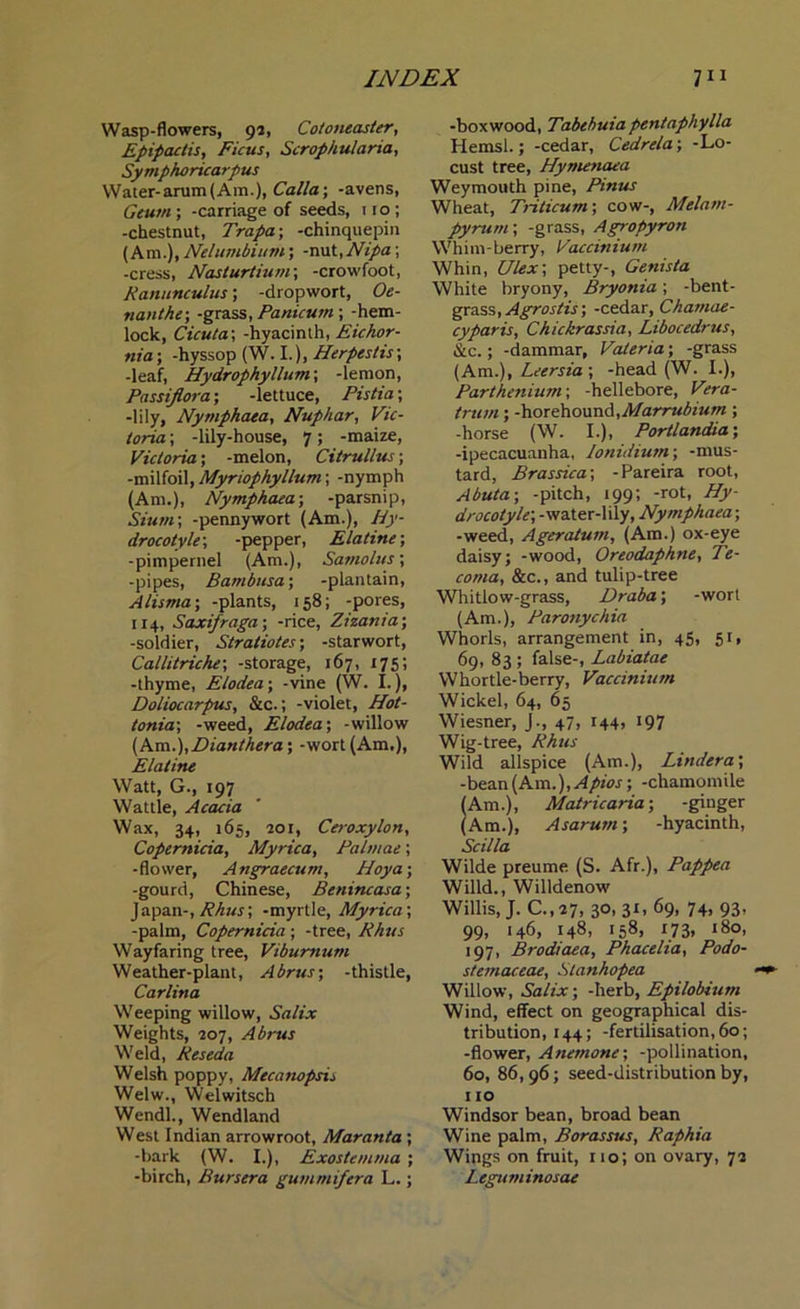 Wasp-flowers, 92, Cotoneaster, Epipactis, Ficus, Scrophularia, Symphoricarpus Water-arum (Am.), Calla; -avens, Geum ; -carriage of seeds, t to ; -chestnut, Trapa; -chinquepin (Am.), Nelumbium; -nut,Nipa; -cress, Nasturtium; -crowfoot, Ranunculus; -dropwort, Oe- nanthe; -grass, Panicum ; -hem- lock, Cicuta; -hyacinth, Eichor- nia; -hyssop (W. I.), Herpestis; -leaf, Hydrophyllum; -lemon, Passijlora; -lettuce, Pistia; -lily, Nymphaea, Nuphar, Vic- toria ; -lily-house, 7; -maize, Victoria; -melon, Citrullus; -milfoil, Mynophyllum; -nymph (Am.), Nymphaea-, -parsnip, Stum; -pennywort (Am.), Hy- drocotyle; -pepper, Elatine; -pimpernel (Am.), Samolus; -pipes, Bambusa; -plantain, Alisma; -plants, 158; -pores, 114, Saxifraga; -rice, Zizania; -soldier, Stratiotes; -starwort, Callitriche; -storage, 167, 175; -thyme, E/odea; -vine (W. I.), Doliocarpus, &c.; -violet, Hot- tonia; -weed, Elodea; -willow (Am i). Dianther a; -wort (Am,), Elatine Watt, G., 197 Wattle, Acacia Wax, 34, 165, 201, Ceroxylon, Copernicia, Myrica, Palmae; -flower, Angraecum, Hoya; -gourd, Chinese, Benincasa; Japan-, Rhus; -myrtle, Myrica; -palm, Copernicia ; -tree, Rhus Wayfaring tree, Viburnum Weather-plant, Abrus; -thistle, Carlina Weeping willow, Salix Weights, 207, Abrus Weld, Reseda Welsh poppy, Mecanopsis Welw., Welwitsch Wendl., Wendland West Indian arrowroot, Maranta ; -bark (W. I.), Exostemma ; -birch, Bursera gummifera L.; -boxwood, Tabebuia pentaphylla Hemsl.; -cedar, Cedrela; -Lo- cust tree, Hymenaea Weymouth pine, Pinus Wheat, Triticum; cow-, Melam- pyrum; -grass, Agropyron Whim-berry, Vaccinium Whin, Ulex; petty-, Genista White bryony, Bryonia; -bent- grass, Agrostis; -cedar, Chamae- cyparis, Chickrassia, Libocedrus, &c.; -dammar, Valeria; -grass (Am.), Leersia ; -head (W. I.), Parthenium; -hellebore, Vera- trtim ; -horehound,Marrubium ; -horse (W. I.), Portlandia; -ipecacuanha, lonidium; -mus- tard, Brassica; -Pareira root, Abuta; -pitch, 199; -rot, Hy- drocotyle; -water-lily, Nymphaea; -weed, Ageratum, (Am.) ox-eye daisy; -wood, Oreodaphne, I'e- coma, &c., and tulip-tree Whitlow-grass, Draba; -wort (Am.), Paronychia Whorls, arrangement in, 45, 51, 69, 83 ; false-, Labiatae Whortle-berry, Vaccinium Wickel, 64, 65 Wiesner, J., 47, 144, 197 Wig-tree, Rhus Wild allspice (Am.), Lindera; -bean (Am.), Apios; -chamomile (Am.), Matricaria; -ginger (Am.), Asarum; -hyacinth, Scilla Wilde preume (S. Afr.), Pappea Willd., Willdenow Willis, J. C.,27, 30,31, 69, 74, 93, 99, 146, 148, 158, 173, 180, 197, Brodiaea, Phacelia, Podo- stemaceae, Stanhopea Willow, Salix; -herb, Epilobium Wind, effect on geographical dis- tribution, 144; -fertilisation, 60; -flower, Anemone; -pollination, 60, 86,96; seed-distribution by, 110 Windsor bean, broad bean Wine palm, Borassus, Raphia Wings on fruit, no; on ovary, 72 Leguminosae