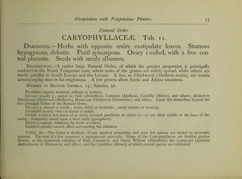 Nattcral Order CARYOPHYLLACEiE. Tab. ii. Diagnosis.—Herbs with opposite entire exstipulate leaves. Stamens hypogynous, definite. Pistil syncarpous. Ovary i-celled, with a free cen- tral placenta. Seeds with mealy albumen. Distribution.—A rather large Natural Order, of which the greater proportion is principally confined to the North Temperate zone, where some of the genera are widely spread, while others are nearly peculiar to South Europe and the Levant. A few, as Chickweed {Stellaria media), are weeds accompanying man in his migrations. A few genera affect Arctic and Alpine situations. Number of British Genera, 13; Species, 56. Flowers regular, terminal, solitary or cymose. Sepals usually 5 ; united in Pink {Dianthus), Campion {Lychnis), Catchfly {Silene), and others: distinct in Stitchwort, Chickweed (Stellaria), Mouse-ear Chickweed (Gerastium), and others. Upon this distinction depend the two principal Tribes of the Natural Order. Petals 5, clawed or sessile ; entire, bifid, or fimbriate ; rarely minute or wanting. Stamens usually twice as many as petals. Ovary i-celled, but traces of as many arrested partitions as styles (2—5) are often visible at the base of the cavity ; frequently raised upon a short stalk (gynophore). Fruit a capsule, dehiscing by teeth or valves. Embryo usually curved, often surrounding the albumen. USES, &c.—The Order is destitute of any marked properties, and very few species are turned to economic account. The root of a few possesses a saponaceous principle. Many of the Caryophyllaceae are familiar garden flowers, as the numerous varieties of Pink, Carnation, and Sweet William (Dianthus); the Campions (Lychnis chalcedonica, L. Goronaria, and allies), and the Catchflys (Silene), of which several species are cultivated.