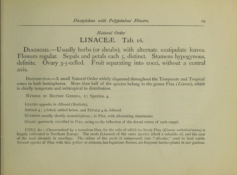 Nahtral Order LINACE^E. Tab. 16. D lAGNOSis.—Usually herbs (or shrubs), with alternate exstipulate leaves. Flowers regular. Sepals and petals each 5, distinct. Stamens hypogynous, definite. Ovary 3-5-celled. Fruit separating into cocci, without a central axis. Distribution.—A small Natural Order widely dispersed throughout the Temperate and Tropical zones in both hemispheres. More than half of the species belong to the genus Flax (Liu7t,m), which is chiefly temperate and subtropical in distribution. Number of British Genera, 2 ; Species. 4. Leaves opposite in Allseed (Radiola). Sepals 4; 3-lobed, united below, and Petals 4 in Allseed. Stamens usually shortly monadelphous ; in Flax, with alternating staminodes. Ovary spuriously lo-celled in Flax, owing to the inflection of the dorsal suture of each carpel. USES, &c.—Characterised by a tenacious liber, for the sake of which (as linen) Flax {Linum usitatissimum) is largely cultivated in Northern Europe. The seeds (Linseed) of the same species afford a valuable oil, and the coat of the seed abounds in mucilage. The refuse of the seeds is compressed into “oil-cake,” used to feed cattle. Several species of Flax with blue yellow or crimson, but fugacious flowers, are frequent border-plants in our gardens.