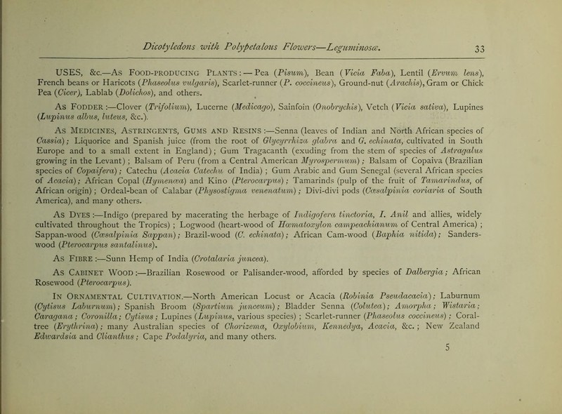 USES, &c.—As Food-producing Plants: — Pea (Pisum), Bean (Vida Faha), Lentil (Ervum lens), French beans or Haricots (Phaseolus vulgaris), Scarlet-runner (P, cocdneus), Ground-nut (Arac/m), Gram or Chick Pea (Cicer), Lablab (Dolichos), and others. As Fodder :—Clover (Trifolium), Lucerne (Medicago), Sainfoin (Onohryehis), Vetch (Vida saliva). Lupines (Lupinus albus, luteus, &c.). As Medicines, Astringents, Gums and Resins ;—Senna (leaves of Indian and North African species of Cassia); Liquorice and Spanish juice (from the root of Glycyrrhiza glabra and G. echinata, cultivated in South Europe and to a small extent in England); Gum Tragacanth (exuding from the stem of species of Astragalus growing in the Levant) ; Balsam of Peru (from a Central American Myrospermum); Balsam of Copaiva (Brazilian species of Gopaifera); Catechu (Acada Catechu of India) ; Gum Arabic and Gum Senegal (several African species of Acada); African Copal (Hymenaia) and Kino (Pterocarpus); Tamarinds (pulp of the fruit of Tamarindus, of African origin); Ordeal-bean of Calabar (Physostigma venenatum); Divi-divi pods (Gcescdpinia coriaria of South America), and many others. As Dyes :—Indigo (prepared by macerating the herbage of Indigofera tinctoria, I. Anil and allies, widely cultivated throughout the Tropics) ; Logwood (heart-wood of Hcematoxylon campeachianum of Central America) ; Sappan-wood (Ccesalpinia Sappan); Brazil-wood (G. echinata); African Cam-wood (Baphia nitida); Sanders- wood (Pterocarpus santalinus). As Fibre :—Sunn Hemp of India (Crotalaria juncea). As Cabinet Wood :—Brazilian Rosewood or Palisander-wood, afforded by species of Dalbergia; African Rosewood (Pterocarpus). In Ornamental Cultivation.—North American Locust or Acacia (Robinia Pseudacacia); Laburnum (Gytisus Laburnum); Spanish Broom (Spartium junceum); Bladder Senna (Golutea); Amorpha; Wistaria; Garagana; Coronilla; Gytisus; Lupines (Lupinus, various species) ; Scarlet-runner (Phaseolus cocdneus); Coral- tree (Erythrina); many Australian species of Chorizema, Oxylobium, Kennedya, Acacia, &c. ; New Zealand Edivardsia and Glianthus; Cape Podalyria, and many others. 5