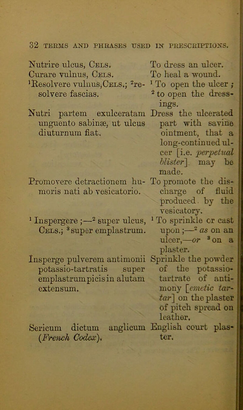Nutrire ulcus, Cels. Curare vulnus, Cels. ’Kesolyere vu1uus,Cels.; *re- solvere fascias. Nutri partem exulceratam ungueuto sabinse, ut ulcus diuturnum fiat. Promovere detractionem hu moris nati ab vesicatorio. * Inspei^ere ;—^ super ulcus, Cels.j ® super emplastrum. lusperge pulverem antimouii potassio-tartratis super emplastrumpicisin alutam extensum. Sericum dictum anglicum {French Codex), To dress an ulcer. To heal a wound. ' To open the ulcer ; ^ to open the dress- ings. Dress the ulcerated part with savine ointment, that a long-continued ul- cer [i.e. perpetual blister'), may be made. To promote the dis- charge of fiuid produced. by the vesicatory. * To sprinkle cr cast upon ;—^ as on an ulcer,—or * on a plaster. Sprinkle the powder of the potassio- tartrate of anti- mony [emetic tar- tar) on the plaster of pitch spread on leather. English court plas- ter.