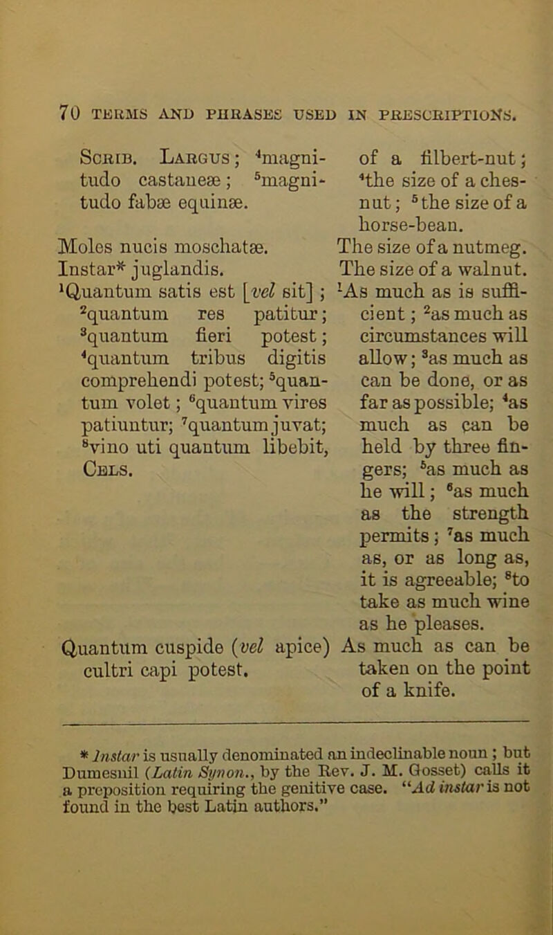 ScRiB. Largus ; ■‘niagni- tudo castauese; ®magni- tudo fabse equinse. Moles nucis moschatse. Instar* juglandis, •Quantum satis est Yvel sit] ; ^quantum res patitur; ^quantum fieri potest; •quantum tribus digitis comprehendi potest; ®quan- tum volet; “quantum vires patiuntur; ’quantum juvat; “vino uti quantum libebit, Cels. Quantum cuspide {vel apice) cultri capi potest. of a filbert-nut; •the size of a ches- nut; “the size of a horse-bean. The size of a nutmeg. The size of a walnut. •As much as is suffi- cient; %smuch as circumstances will allow; “as much as can be done, or as far as possible; ‘as much as can be held by three fin- gers; “as much as he will; “as much as the strength permits; ’as much as, or as long as, it is agreeable; “to take as much wine as he pleases. As much as can be taken on the point of a knife. * Instar is usually denominated an indeclinable noun ; but Dumesuil {Latin Synon., by tbe Rev. J. M. Qosset) calls it a preposition requiring tbe genitive case. “Ad instar ia not found in tbe best Latin authors.”