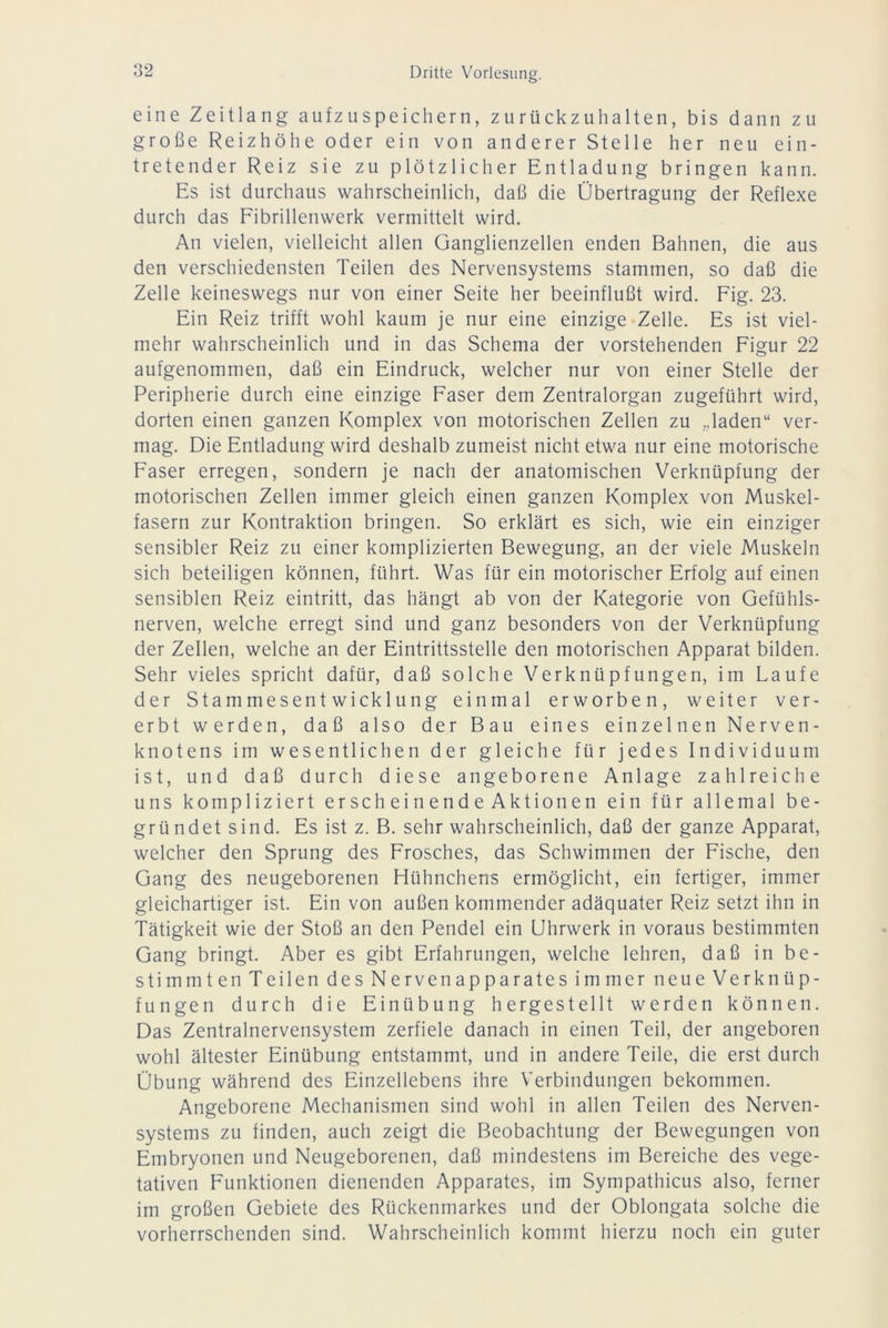 eine Zeitlang aufzuspeichern, zurückzuhalten, bis dann zu große Reizhöhe oder ein von anderer Stelle her neu ein- tretender Reiz sie zu plötzlicher Entladung bringen kann. Es ist durchaus wahrscheinlich, daß die Übertragung der Reflexe durch das Fibrillenwerk vermittelt wird. An vielen, vielleicht allen Ganglienzellen enden Bahnen, die aus den verschiedensten Teilen des Nervensystems stammen, so daß die Zelle keineswegs nur von einer Seite her beeinflußt wird. Fig. 23. Ein Reiz trifft wohl kaum je nur eine einzige Zelle. Es ist viel- mehr wahrscheinlich und in das Schema der vorstehenden Figur 22 aufgenommen, daß ein Eindruck, welcher nur von einer Stelle der Peripherie durch eine einzige Faser dem Zentralorgan zugeführt wird, dorten einen ganzen Komplex von motorischen Zellen zu laden“ ver- mag. Die Entladung wird deshalb zumeist nicht etwa nur eine motorische Faser erregen, sondern je nach der anatomischen Verknüpfung der motorischen Zellen immer gleich einen ganzen Komplex von Muskel- fasern zur Kontraktion bringen. So erklärt es sich, wie ein einziger sensibler Reiz zu einer komplizierten Bewegung, an der viele Muskeln sich beteiligen können, führt. Was für ein motorischer Erfolg auf einen sensiblen Reiz eintritt, das hängt ab von der Kategorie von Gefühls- nerven, welche erregt sind und ganz besonders von der Verknüpfung der Zellen, welche an der Eintrittsstelle den motorischen Apparat bilden. Sehr vieles spricht dafür, daß solche Verknüpfungen, im Laufe der Stammesentwicklung einmal erworben, weiter ver- erbt werden, daß also der Bau eines einzelnen Nerven- knotens im wesentlichen der gleiche für jedes Individuum ist, und daß durch diese angeborene Anlage zahlreiche uns kompliziert erscheinendeAktionen ein für allemal be- gründet sind. Es ist z. B. sehr wahrscheinlich, daß der ganze Apparat, welcher den Sprung des Frosches, das Schwimmen der Fische, den Gang des neugeborenen Hühnchens ermöglicht, ein fertiger, immer gleichartiger ist. Ein von außen kommender adäquater Reiz setzt ihn in Tätigkeit wie der Stoß an den Pendel ein Uhrwerk in voraus bestimmten Gang bringt. Aber es gibt Erfahrungen, welche lehren, daß in be- stimmten Teilen des Nervenapparates immer neue Verknüp- fungen durch die Einübung hergestellt werden können. Das Zentralnervensystem zerfiele danach in einen Teil, der angeboren wohl ältester Einübung entstammt, und in andere Teile, die erst durch Übung während des Einzellebens ihre Verbindungen bekommen. Angeborene Mechanismen sind wohl in allen Teilen des Nerven- systems zu finden, auch zeigt die Beobachtung der Bewegungen von Embryonen und Neugeborenen, daß mindestens im Bereiche des vege- tativen Funktionen dienenden Apparates, im Sympathicus also, ferner im großen Gebiete des Rückenmarkes und der Oblongata solche die vorherrschenden sind. Wahrscheinlich kommt hierzu noch ein guter