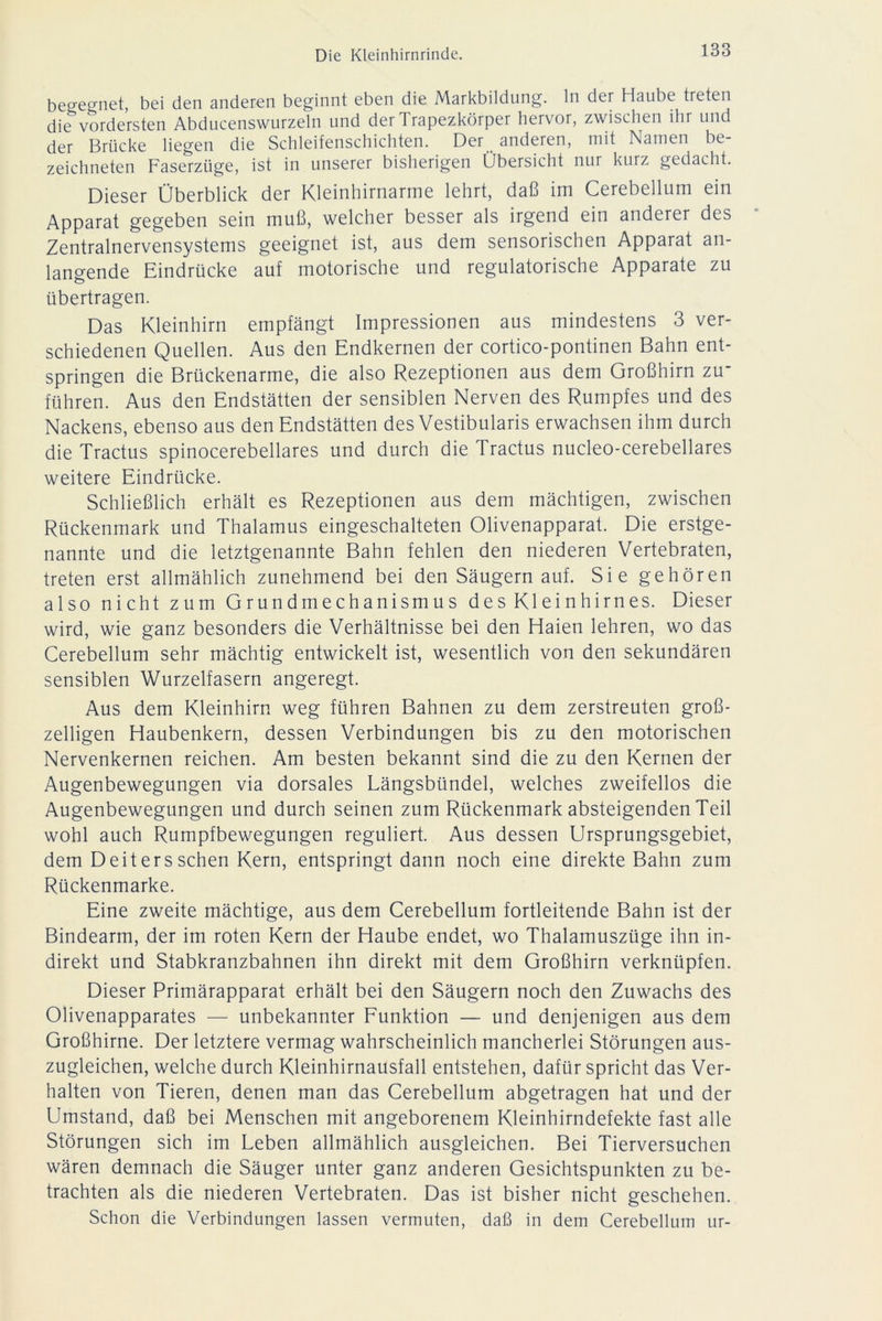 Die Kleinhirnrinde. begegnet, bei den anderen beginnt eben die Markbildung, ln der Haube treten die vordersten Abducenswurzeln und der Trapezkörper hervor, zwischen ihr und der Brücke liegen die Schleifenschichten. Der anderen, mit Namen be- zeichneten Faserzüge, ist in unserer bisherigen Übersicht nur kurz gedacht. Dieser Überblick der Kleinhirnarme lehrt, daß im Cerebellum ein Apparat gegeben sein muß, welcher besser als irgend ein anderer des Zentralnervensystems geeignet ist, aus dem sensorischen Apparat an- langende Eindrücke auf motorische und regulatorische Apparate zu übertragen. Das Kleinhirn empfängt Impressionen aus mindestens 3 ver- schiedenen Quellen. Aus den Endkernen der cortico-pontinen Bahn ent- springen die Brückenarme, die also Rezeptionen aus dem Großhirn zu führen. Aus den Endstätten der sensiblen Nerven des Rumpfes und des Nackens, ebenso aus den Endstätten des Vestibularis erwachsen ihm durch die Tractus spinocerebellares und durch die Tractus nucleo-cerebellares weitere Eindrücke. Schließlich erhält es Rezeptionen aus dem mächtigen, zwischen Rückenmark und Thalamus eingeschalteten Olivenapparat. Die erstge- nannte und die letztgenannte Bahn fehlen den niederen Vertebraten, treten erst allmählich zunehmend bei den Säugern auf. Sie gehören also nicht zum Grundmechanismus des Kleinhirnes. Dieser wird, wie ganz besonders die Verhältnisse bei den Haien lehren, wo das Cerebellum sehr mächtig entwickelt ist, wesentlich von den sekundären sensiblen Wurzelfasern angeregt. Aus dem Kleinhirn weg führen Bahnen zu dem zerstreuten groß- zelligen Haubenkern, dessen Verbindungen bis zu den motorischen Nervenkernen reichen. Am besten bekannt sind die zu den Kernen der Augenbewegungen via dorsales Längsbündel, welches zweifellos die Augenbewegungen und durch seinen zum Rückenmark absteigenden Teil wohl auch Rumpfbewegungen reguliert. Aus dessen Ursprungsgebiet, dem Deiters sehen Kern, entspringt dann noch eine direkte Bahn zum Rückenmarke. Eine zweite mächtige, aus dem Cerebellum fortleitende Bahn ist der Bindearm, der im roten Kern der Haube endet, wo Thalamuszüge ihn in- direkt und Stabkranzbahnen ihn direkt mit dem Großhirn verknüpfen. Dieser Primärapparat erhält bei den Säugern noch den Zuwachs des Olivenapparates — unbekannter Funktion — und denjenigen aus dem Großhirne. Der letztere vermag wahrscheinlich mancherlei Störungen aus- zugleichen, welche durch Kleinhirnausfall entstehen, dafür spricht das Ver- halten von Tieren, denen man das Cerebellum abgetragen hat und der Umstand, daß bei Menschen mit angeborenem Kleinhirndefekte fast alle Störungen sich im Leben allmählich ausgleichen. Bei Tierversuchen wären demnach die Säuger unter ganz anderen Gesichtspunkten zu be- trachten als die niederen Vertebraten. Das ist bisher nicht geschehen. Schon die Verbindungen lassen vermuten, daß in dem Cerebellum ur-