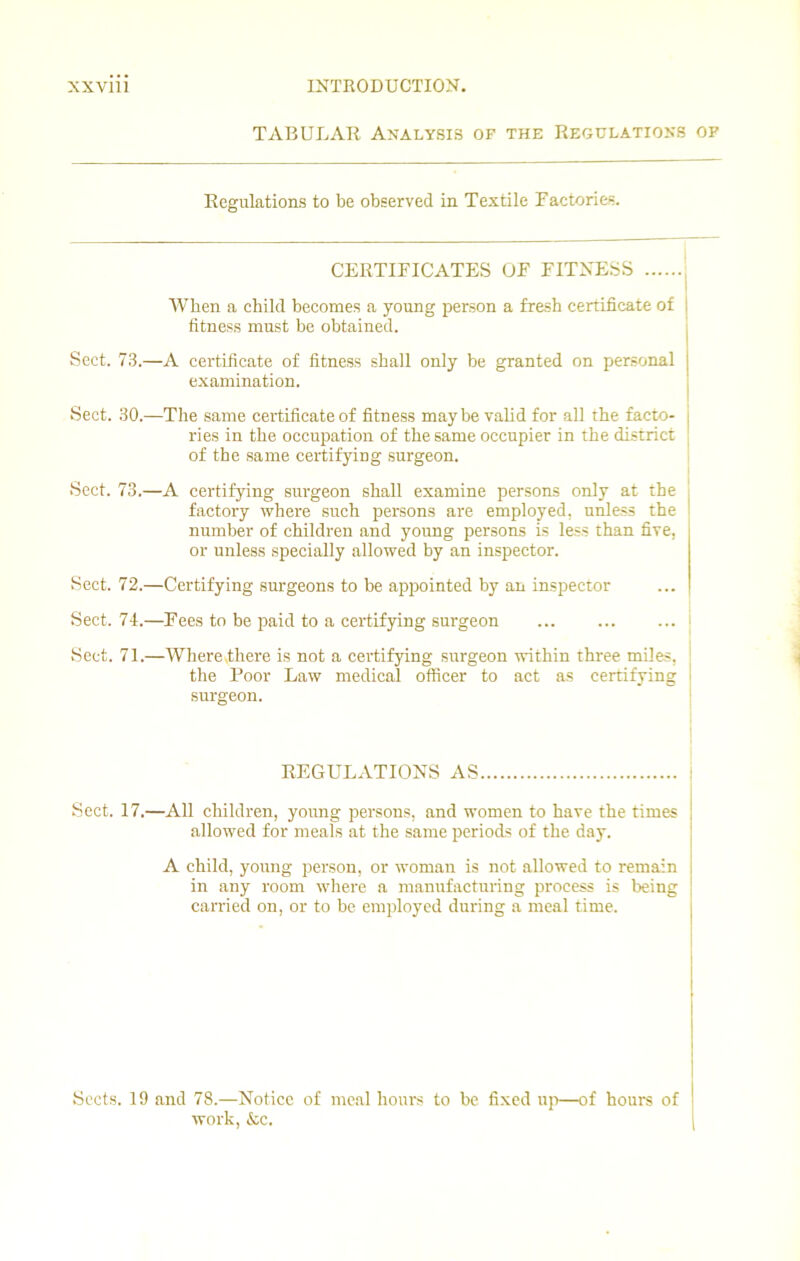 TABULAR Analysis of the Regulations of Regulations to be observed in Textile Factories. CERTIFICATES OF FITNESS When a child becomes a young person a fresh certificate of fitness must be obtained. Sect. 73.—A certificate of fitness shall only be granted on personal examination. Sect. 30.—The same certificate of fitness maybe valid for all the facto- j ries in the occupation of the same occupier in the district of the same certifying surgeon. Sect. 73.—A certifying surgeon shall examine persons only at the factory where such persons are employed, unless the I number of children and young persons is less than five, or unless specially allowed by an inspector. Sect. 72.—Certifying surgeons to be appointed by an inspector Sect. 74.—Fees to be paid to a certifying surgeon Sect. 71.—Where,there is not a certifying surgeon within three miles, the Poor Law medical officer to act as certifying surgeon. REGULATIONS AS Sect. 17.—All children, young persons, and women to have the times allowed for meals at the same periods of the day. A child, young person, or woman is not allowed to remain in any room where a manufacturing process is being carried on, or to be employed during a meal time. Sects. 19 and 78.—Notice of meal hours to be fixed up—of hours of work, &c.