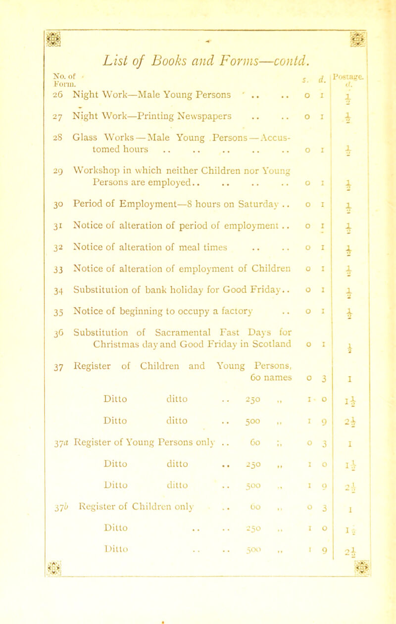 II -■ '/fo* L/s/ 0/ Books and Forms—contd. No. of d. Postage. Form. d. 26 Night Work—Male Young Persons •• 0 I JL 27 Night Work—Printing Newspapers .. 0 I Jr 2S Glass Works — Male Young Persons — Accus- tomed hours .. 0 I JL 29 Workshop in which neither Children nor Young Persons are employed.. .. 0 I A 30 Period of Employment—S hours on Saturday .. 0 I A 31 Notice of alteration of period of employment.. 0 I 1 32 Notice of alteration of meal times .. 0 I 33 Notice of alteration of employment of Children 0 I JL 34 Substitution of bank holiday for Good Friday.. 0 I A 35 Notice of beginning to occupy a factory 0 I JL 36 Substitution of Sacramental Fast Days for Christmas day and Good Friday in Scotland 0 I 1 2 37 Register of Children and Youn g Persons, 60 names 0 3 1 Ditto ditto 250 1 O 1 2 Ditto ditto 500 1 9 2 JL 37‘« Register of Young Persons only .. 60 0 3 1 Ditto ditto 250 1 O ii Ditto ditto 500 1 9 2l 37^ Register of Children only 00 0 3 1 Ditto 250 1 0 If Ditto 500 1 9 21 ,5s© #