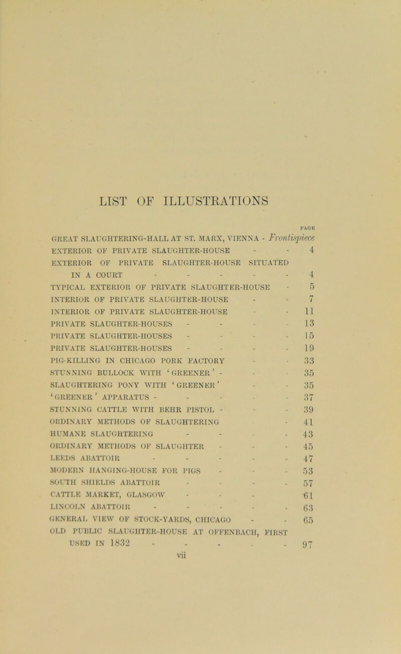 PAGE GREAT SLAUGHTERING-HALL AT ST. MARX, VIENNA - Frontispiece EXTERIOR OF PRIVATE SLAUGHTER-HOUSE - - 4 EXTERIOR OF PRIVATE SLAUGHTER-HOUSE SITUATED IN A COURT ..... 4 TYPICAL EXTERIOR OF PRIVATE SLAUGHTER-HOUSE - 5 INTERIOR OF PRIVATE SLAUGHTER-HOUSE - - 7 INTERIOR OF PRIVATE SLAUGHTER-HOUSE - - 11 PRIVATE SLAUGHTER-HOUSES - - - 13 PRIVATE SLAUGHTER-HOUSES - - - - 15 PRIVATE SLAUGHTER-HOUSES - - - - 19 PIG-KILLING IN CHICAGO PORK FACTORY - 33 STUNNING BULLOCK WITH ‘GREENER’ - - 35 SLAUGHTERING PONY WITH ‘GREENER’ - - 35 ‘greener’ apparatus - - - - 37 STUNNING CATTLE WITH BKHR PISTOL - - 39 ORDINARY METHODS OF SLAUGHTERING - 41 HUMANE SLAUGHTERING - - - 43 ORDINARY METHODS OF SLAUGHTER - - - 45 LEEDS ABATTOIR - - - - - 47 MODERN HANGING-HOUSE FOR PIGS - - - 53 SOUTH SHIELDS ABATTOIR - - - - 57 CATTLE MARKET, GLASGOW - - - 61 LINCOLN ABATTOIR - - - - - 63 GENERAL VIEW OF STOCK-YARDS, CHICAGO - - 65 OLD PUBLIC SLAUGHTER-HOUSE AT OFFENBACH, FIRST USED IN 1832 97
