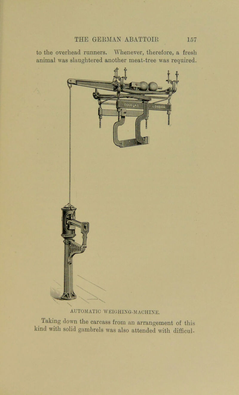 to the overhead runners. Whenever, therefore, a fresh animal was slaughtered another meat-tree was required. taking down the carcass from an arrangement of this kind with solid gambrels was also attended with difficul-