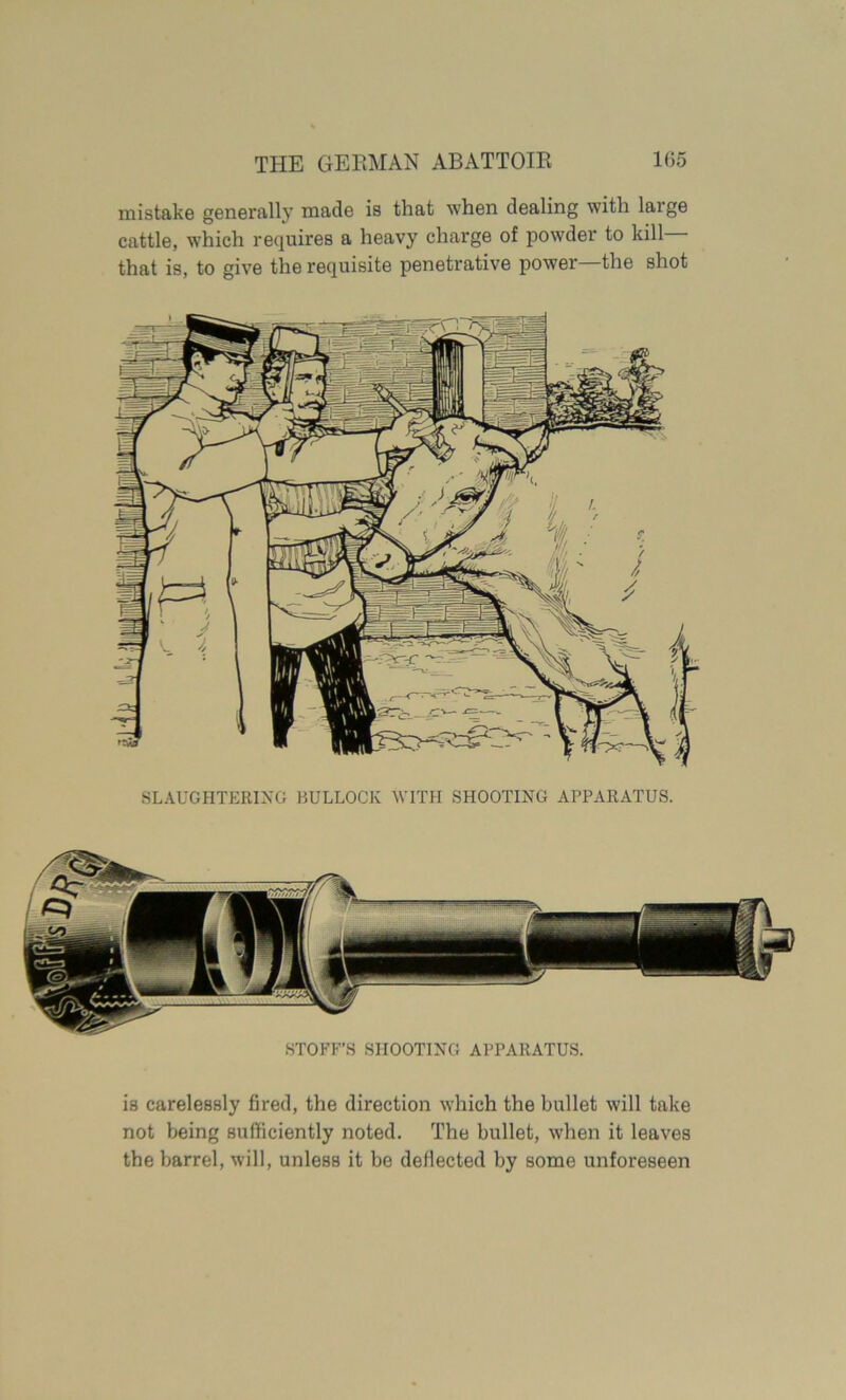 mistake generally made is that when dealing with large cattle, which requires a heavy charge of powder to kill that is, to give the requisite penetrative power the shot SLAUGHTERING BULLOCK WITH SHOOTING APPARATUS. STOFF’S SHOOTING APPARATUS. is carelessly fired, the direction which the bullet will take not being sufficiently noted. The bullet, when it leaves the barrel, will, unless it be deflected by some unforeseen