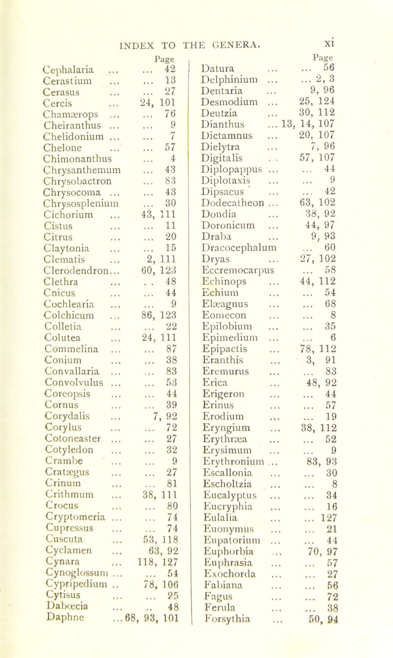 INDEX TO Page Cephalaria ... 42 Cerastium ... 13 Cerasus ... 27 Cercis 24, 101 Chamserops ... ... 76 Cheiranthus ... 9 Chelidonium ... 7 Chelone ... 57 Chimonanthus ... 4 Chrysanthemum ... 43 Chrysobactron ... 83 Chrysocoma ... ... 43 Chrysosplenium ... 30 Cichorium 43, 111 Cistus ... 11 Citrus ... 20 Claytonia ... 15 Clematis 2, 111 Clerodendron... 60, 123 Clethra . . 48 Cnicus ... 44 Cochlearia ... 9 Colchicum 86, 123 Colletia ... 22 Colutea 24, 111 Commelina ... 87 Conium ... 38 Convallaria ... ... 83 Convolvulus ... ... 53 Coreopsis ... 44 Cornus ... 39 Corydalis 7, 92 Corylus ... 72 Cotoneaster ... ... 27 Cotyledon ... 32 Crambe ... 9 Cratsegus ... 27 Crinum ... 81 Crithmum 38, 111 Crocus ... 80 Cryptomeria ... ... 74 Cupressus ... 74 Cuscuta 53, 118 Cyclamen 63, 92 Cynara 118, 127 Cynoglossum ... ... 54 Cypripedium .. 78, 106 Cytisus ... 25 Dabcecia .. 48 Daphne 68, 93, 101 THE GENERA. XI Page Datura ... ... 56 Delphinium ... ... 2, 3 Dentaria ... 9, 96 Desmodium ... 25, 124 Deutzia ... 30, 112 Dianthus ... 13, 14, 107 Dictamnus ... 20, 107 Dielytra ... 7, 96 Digitalis . . 57, 107 Diplopappus ... ... 44 Diplotaxis ... ... 9 Dipsacus ... ... 42 Dodecatheon ... 63, 102 Dondia ... 38, 92 Doronicum ... 44, 97 Draba ... 9, 93 Dracocephalum ... 60 Dryas ... 27, 102 Eccremocarpus ... 58 Echinops ... 44, 112 Echium ... ... 54 Elseagnus ... ... 68 Eomecon ... ... 8 Epilobium ... ... 35 Epimedium ... ... 6 Epipactis ... 78, 112 Eranthis ... 3, 91 Eremurus ... ... 83 Erica ... 48, 92 Erigeron ... ... 44 Erinus ... ... 57 Erodium ... ... 19 Eryngium ... 38, 112 Erythnea ... ... 52 Erysimum ... ... 9 Erythronium ... 83, 93 Escallonia ... ... 30 Esclioltzia ... ... 8 Eucalyptus ... ... 34 Eucryphia ... ... 16 Eulalia ... ... 127 Euonymus ... ... 21 Eupatorium ... ... 44 Euphorbia ... 70, 97 Euphrasia ... ... 57 Exochorda ... ... 27 Fabiana ... ... 56 Fagus ... ... 72 Ferula ... ... 38 Forsythia ... 50, 94