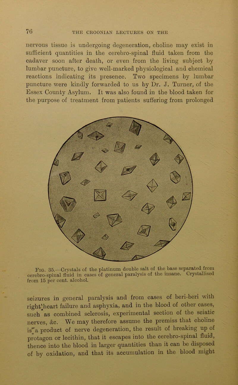 nervous tissue is undergoing degeneration, choline may exist in sufficient quantities in the cerebro-spinal fluid taken from the cadaver soon after death, or even from the living subject by lumbar puncture, to give well-marked physiological and chemical reactions indicating its presence. Two specimens by lumbar puncture were kindly forwarded to us by Dr. J. Turner, of the Essex County Asylum. It was also found in the blood taken for the purpose of treatment from patients suffering from prolonged Fig. 35.—Crystals of the platinum double salt of the base separated from cerebro-spinal fluid in cases of general paralysis of the insane. Crystallised from 15 per cent, alcohol. seizures in general paralysis and from cases of beri-beri w ith rightVheart failure and asphyxia, and in the blood of other cases, such as combined sclerosis, experimental section of the sciatic nerves, &c. We may therefore assume the premiss that choline is^a product of nerve degeneration, the result of breaking up of protagon or lecithin, that it escapes into the ceiebro-spinal fluid, thence into the blood in larger quantities than it can be disposed of by oxidation, and that its accumulation in the blood might