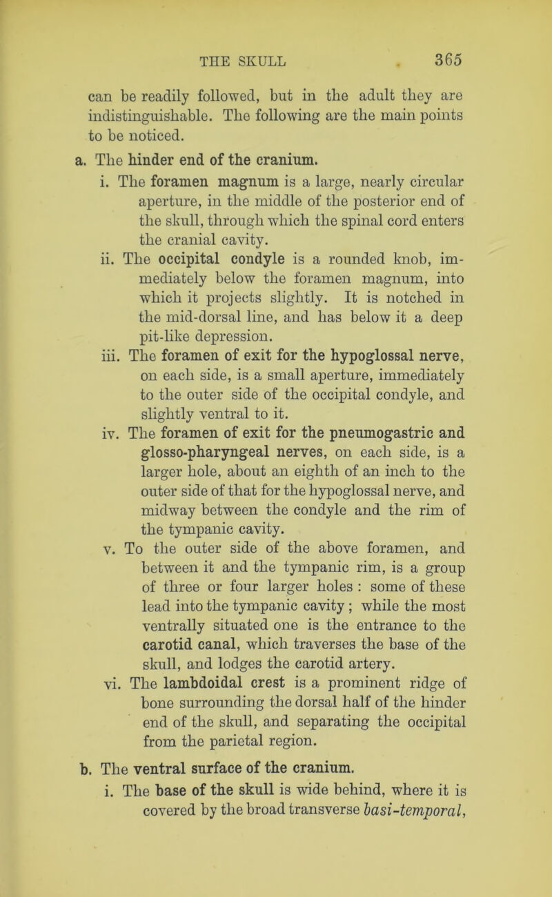 can be readily followed, but in tlie adult they are indistinguishable. The following are the main points to be noticed. a. The hinder end of the cranium. i. The foramen magnum is a large, nearly circular aperture, in the middle of the posterior end of the skull, through which the spinal cord enters the cranial cavity. ii. The occipital condyle is a rounded knob, im- mediately below the foramen magnum, into which it projects slightly. It is notched in the mid-dorsal line, and has below it a deep pit-like depression. iii. The foramen of exit for the hypoglossal nerve, on each side, is a small aperture, immediately to the outer side of the occipital condyle, and slightly ventral to it. iv. The foramen of exit for the pnenmogastric and glosso-pharyngeal nerves, on each side, is a larger hole, about an eighth of an inch to the outer side of that for the hypoglossal nerve, and midway between the condyle and the rim of the tympanic cavity. v. To the outer side of the above foramen, and between it and the tympanic rim, is a group of three or four larger holes : some of these lead into the tympanic cavity ; while the most ventrally situated one is the entrance to the carotid canal, which traverses the base of the skull, and lodges the carotid artery. vi. The lambdoidal crest is a prominent ridge of bone surrounding the dorsal half of the hinder end of the skull, and separating the occipital from the parietal region. b. The ventral surface of the cranium. i. The base of the skull is wide behind, where it is covered by the broad transverse basi-temporal,