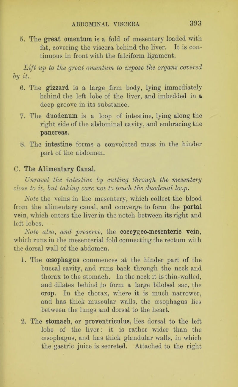 5. The great omentum is a fold of mesentery loaded with fat, covering the viscera behind the liver. It is con- tinuous in front with the falciform ligament. Lift up to the great omentum to expose the organs covered by it. 6. The gizzard is a large firm body, lying immediately behind the left lobe of the liver, and imbedded in a deep groove in its substance. 7. The duodenum is a loop of intestine, lying along the right side of the abdominal cavity, and embracing the pancreas. b. The intestine forms a convoluted mass in the hinder part of the abdomen. C. The Alimentary Canal. Unravel the intestine by cutting through the mesentery close to it, but taking care not to touch the duodenal loop. Note the veins in the mesentery, which collect the blood from the alimentary canal, and converge to form the portal vein, which enters the liver in the notch between its right and left lobes. Note also, and preserve, the coccygeo-mesenteric vein, which runs in the mesenterial fold connecting the rectum with the dorsal wall of the abdomen. 1. The oesophagus commences at the hinder part of the buccal cavity, and runs back through the neck and thorax to the stomach. In the neck it is thin-walled, and dilates behind to form a large bilobed sac, the crop. In the thorax, where it is much narrower, and has thick muscular walls, the oesophagus lies between the lungs and dorsal to the heart. 2. The stomach, or proventriculus, lies dorsal to the left lobe of the liver: it is rather wider than the oesophagus, and has thick glandular walls, in which the gastric juice is secreted. Attached to the right