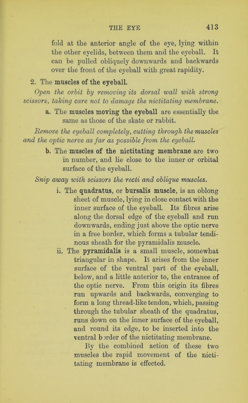 fold at tlie anterior angle of the eye, lying within the other eyelids, between them and the eyeball. It can be pulled obliquely downwards and backwards over the front of the eyeball with great rapidity. 2. The muscles of the eyeball. Open the orbit by removing its dorsal wall with strong scissors, taking care not to damage the nictitating membrane. a. The muscles moving the eyeball are essentially the same as those of the skate or rabbit. Remove the eyeball completely, cutting through the muscles and the optic nerve as far as possible from the eyeball. b. The muscles of the nictitating membrane are two in number, and lie close to the inner or orbital surface of the eyeball. Snip away with scissors the recti and oblique muscles. i. The quadratus, or bursalis muscle, is an oblong sheet of muscle, lying in close contact with the inner surface of the eyeball. Its fibres arise along the dorsal edge of the eyeball and run downwards, ending just above the optic nerve in a free border, which forms a tubular tendi- nous sheath for the pyramidalis muscle. ii. The pyramidalis is a small muscle, somewhat triangular in shape. It arises from the inner surface of the ventral part of the eyeball, below, and a little anterior to, the entrance of the optic nerve. From this origin its fibres run upwards and backwards, converging to form a long thread-like tendon, which, passing through the tubular sheath of the quadratus, runs down on the inner surface of the eyeball, and round its edge, to be inserted into the ventral b Drder of the nictitating membrane. By the combined action of these two muscles the rapid movement of the nicti- tating membrane is effected.
