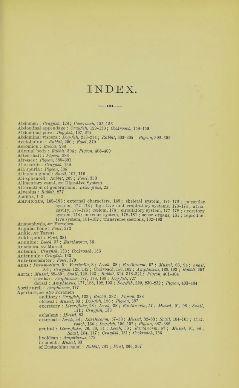 INDEX Abdomen: Crayfish, 128; Cockroach, 155-156 Abdominal appendage : Crayfish, 129-130; Cockroach, 158-159 Abdominal pore : Dog-fish, 197, 214 Abdominal viscera : Dogfish, 213-214 ; Rabbit, 303-305 Pigeon, 392-393 Acetabulum : Rabbit, 290 ; Fowl, 379 Acromion : Rabbit, 286 Adrenal body : Rabbit, 304; Pigeon, 408-409 After-shaft: Pigeon, 386 Air-sacs : Pigeon, 389-391 A he cordis : Crayfish, 139 Ala spuria : Pigeon, 385 Albumen gland : Snail, 107,116 Ali-sphenoid : Rabbit, 269 ; Fowl, 368 Alimentary canal, see Digestive System Alternation of generations : Liver-fluke, 25 Alveolus : Rabbit, 277 Amceba, 1-3 Amphioxus, 168-193 : external characters, 169; skeletal system, 171-172 ; muscular system, 172-173; digestive and respiratory systems, 173-174; atrial cavity, 175-176 ; coelom, 176 ; circulatory system, 177-178 ; excretory system, 178; nervous system, 178-181; sense organs, 181; reproduc- tive system, 181-182; transverse sections, 182-193 Anapophysis, see Vertebra Angular bone : Fowl, 373 Ankle, see Tarsus Ankle-joint : Fowl, 381 Annulus : Leech, 37 ; Earthworm, 56 Anodonta, see Mussel Antenna : Crayfish, 133 ; Cockroach, 156 Amtennule : Crayfish, 133 Anti-trochanter : Fowl, 379 Anus : Paramecium, 5 ; Vorticella, 8 ; Leech, 38 ; Earthworm, 57 ; Mussel, 83, 95 ; snail, 104 ; Crayfish, 128,142 ; Cockroach, 156,162 ; Amphioxus, 169,193 ; Rabbit, 297 Aorta : Mussel, 88-89 ; Snail, 122-123 ; Rabbit, 314, 318-321; Pigeon, 401-404 cardiac : Amphioxus, 177, 178, 188 ; Dog-fish, 227 dorsal : Amphioxus, 177, 188, 192,193 ; Dog-fish, 229, 230-232 ; Pigeon, 403-404 Aortic arch : Amphioxus, 177 Aperture, see also Foramen auditory : Crayfish, 133 ; Rabbit, 282 ; Pigeon, 388 cloacal : Mussel, 83 ; Dog-fish, 196 ; Pigeon, 387 excretory : Liver-fluke, 28 ; Leech, 38 ; Earthworm, 57 ; Mussel, 91, 98 ; Snail, 111; Crayfish, 133 exlialent : Mussel, 83 external : Leech, 38 ; Earthworm, 57-58 ; Mussel, 82-83; Snail, 104-105 ; Cock- roach, 156 ; Dogfish, 196-197 ; Pigeon, 387-388 genital : Liver-fluke, 26, 30, 31 ; Leech, 38; Earthworm, 57 ; Mussel, 91, 98 ; Snail, 104, 117 ; Crayfish, 131; Cockroach, 156 hyoidean : Amphioxus, 173 inhalent: Mussel, 83 of Eustachian canal : Rabbit, 282 ; Foal, 366, 367
