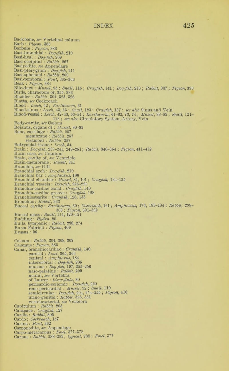 Backbone, see Vertebral column Barb : Pigeon, 386 Barbule : Pigeon, 386 Basi-branchial : Dog-fish, 210 Basi-kyal : Dogfish, 209 Basi-occipital : Rabbit, 267 Basipodite, see Appendage Basi-pterygium : Dogfish, 211 Basi-sphenoid : Rabbit, 269 Basi-temporal : Fowl, 365-366 Beak : Pigeon, 384 Bile-duct : Mussel, 95 ; Snail, 115 ; Crayfish, 141; Dog-fish, 216 ; Rabbit, 307 ; Pigeon, 396 Birds, characters of, 355, 383 Bladder : Rabbit, 304, 325, 326 Blatta, see Cockroach Blood : Leech, 42 ; Earthworm, 61 Blood-sinus : Leech, 43, 53 ; Snail, 123 ; Crayfish, 137 ; see also Sinus and Vein Blood-vessel : Leech, 42-43, 53-54; Earthworm, 61-62, 73, 74 ; Mussel, 88-89 ; Snail, 121- 123 ; see also Circulatory System, Artery, Vein Bod3T-cavity, see Coelom Bojanus, organs of : Mussel, 90-92 Bone, cartilage : Rabbit, 257 membrane : Rabbit, 257 sesamoid : Rabbit, 257 Botryoidal tissue : Leech, 54 Brain : Dog-fish, 239-241, 249-251; Rabbit, 340-354 ; Pigeon, 411-412 Brain-case, see Cranium Brain, cavity of, see Ventricle Brain-membrane : Rabbit, 341 Branchia, see Gill Branchial arch : Dog-fish, 210 Branchial bar : Amphioxus, 186 Branchial chamber : Mussel, 81, 101 ; Crayfish, 134-135 Branchial vessels : Dog-fish, 226-229 Branchio-cardiac canal: Crayfish, 140 Branchio-cardiac groove : Crayfish, 128 Branchiostegite : Crayfish, 128, 133 Bronchus: Rabbit, 333 Buccal cavity: Earthworm, 60; Cockroach, 161; Amphioxus, 173, 183-184 ; Rabbit, 298- 303; Pigeon, 391-392 Buccal mass : Snail, 114, 120-121 Budding: Hydra, 20 Bulla, tympanic : Rabbit, 268, 274 Bursa Fabricii: Pigeon, 409 Byssus : 96 Caecum : Rabbit, 304, 308, 309 Calamus: Pigeon, 385 Canal, branchiocardiac : Crayfish, 140 carotid : Fowl, 365, 366 central : Amphioxus, 184 interorbital : Dog-fish, 205 mucous : Dog-fish, 197, 255-256 naso-palatine : Rabbit, 299 neural, see Vertebra of Laurer : Liver-fluke, 30 perieardio-coelomic : Dog-fish, 220 reno-pericardial : Mussel, 92 ; Snail, 110 semicircular : Dog-fish, 204, 254-255 ; Pigeon, 416 urino-genital : Rabbit, 328, 331 vertebrarterial, see Vertebra Capitulum : Rabbit, 265 Carapace : Crayfish, 127 Cardia : Rabbit, 305 Cardo : Cockroach, 157 Carina : Fowl, 362 Carpopodite, see Appendage Carpo-metacarpus : Fowl, 377-378 Carpus : Rabbit, 288-289 ; typical, 288 ; Fowl, 377