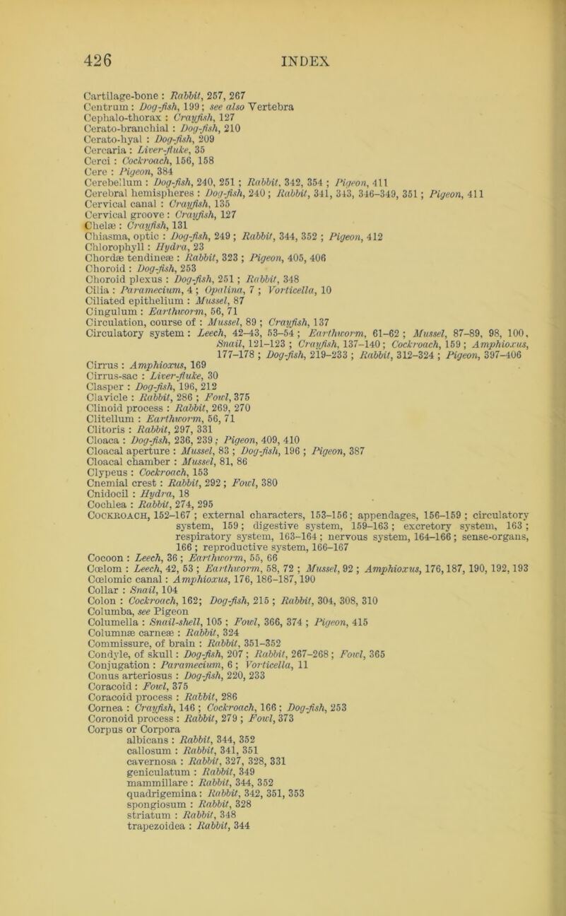 Curtilage-bone : Rabbit, 257, 267 Centrum: Dog-fish, 199; see also Vertebra Ceplialo-thorax : Crayfish, 127 Cerato-branchial : Dog-fish, 210 Cerato-hyal : Dog-fish, 209 Cercaria: Liver-fluke, 35 Cerci: Cockroach, 156, 158 Cere : Pigeon, 384 Cerebellum : Dog-fish, 240, 251 ; Rabbit, 342, 354 ; I’igeon, 411 Cerebral hemispheres : Dog-fish, 240; Rabbit, 341, 343, 346-349, 351; Pigeon, 411 Cervical canal : Crayfish, 135 Cervical groove : Crayfish, 127 Chelae : Crayfish, 131 Chiasma, optic : Dog-fish, 249 ; Rabbit, 344, 352 ; Pigeon, 412 Chlorophyll: Hydra, 23 Chord® tendine®: Rabbit, 323 ; Pigeon, 405, 406 Choroid: Dog-fish, 253 Choroid plexus : Dog-fish, 251; Rabbit, 348 Cilia : Paramecium, 4 ; Opalina, 7 ; Vorticella, 10 Ciliated epithelium : Mussel, 87 Cingulum : Earthworm, 56, 71 Circulation, course of : Mussel, 89 ; Crayfish, 137 Circulatory system: Leech, 42-43, 53-54; Earthworm, 61-62; Mussel, 87-89, 98, 100, Snail, 121-123 ; Crayfish, 137-140; Cockroach, 159 ; Amphioxus, 177-178 ; Dog-fish, 219-233 ; Rabbit, 312-324 ; Pigeon, 397-406 Cirrus: Amphioxus, 169 Cirrus-sac : Liver-fluke, 30 Clasper : Dog-fish, 196, 212 Clavicle : Rabbit, 286 ; Fowl, 375 Clinoid process : Rabbit, 269, 270 Clitellum : Earthworm, 56, 71 Clitoris : Rabbit, 297, 331 Cloaca : Dog-fish, 236, 239 ; Pigeon, 409, 410 Cloacal aperture : Mussel, 83 ; Dog-fish, 196 ; Pigeon, 387 Cloacal chamber : Mussel, 81, 86 Clypeus: Cockroach, 153 Cnemial crest: Rabbit, 292 ; Fowl, 380 Cnidocil : Hydra, 18 Cochlea : Rabbit, 274, 295 Cockroach, 152-167 ; external characters, 153-156; appendages, 156-159; circulatory system, 159; digestive system, 159-163 ; excretory system, 163; respiratory system, 163-164; nervous system, 164-166; sense-organs, 166 ; reproductive system, 166-167 Cocoon : Leech, 36 ; Earthworm, 55, 66 Coelom : Leech, 42, 53 ; Earthworm, 58, 72 ; Mussel, 92 ; Amphioxus, 176,187, 190, 192,193 Coelomic canal: Amphioxus, 176, 186-187,190 Collar : Snail, 104 Colon : Cockroach, 162; Dog-fish, 215 ; Rabbit, 304, 308, 310 Columba, see Pigeon Columella : Snail-shell, 105 ; Fowl, 366, 374 ; Pigeon, 415 Column® carne® : Rabbit, 324 Commissure, of brain : Rabbit, 351-352 Condyle, of skull: Dog-fish, 207; Rabbit, 267-268 ; Fowl, 365 Conjugation : Paramecium, 6 ; Vorticella, 11 Conus arteriosus : Dog-fish, 220, 233 Coracoid : Fowl, 375 Coracoid process : Rabbit, 286 Cornea : Crayfish, 146 ; Cockroach, 166 ; Dog-fish, 253 Coronoid process : Rabbit, 279 ; Foul, 373 Corpus or Corpora albicans : Rabbit, 344, 352 callosum : Rabbit, 341, 351 cavernosa : Rabbit, 327, 328, 331 geniculatum : Rabbit, 349 mammillare : Rabbit, 344, 352 quadrigemina: Rabbit, 342, 351, 353 spongiosum : Rabbit, 328 striatum : Rabbit, 348 trapezoidea : Rabbit, 344