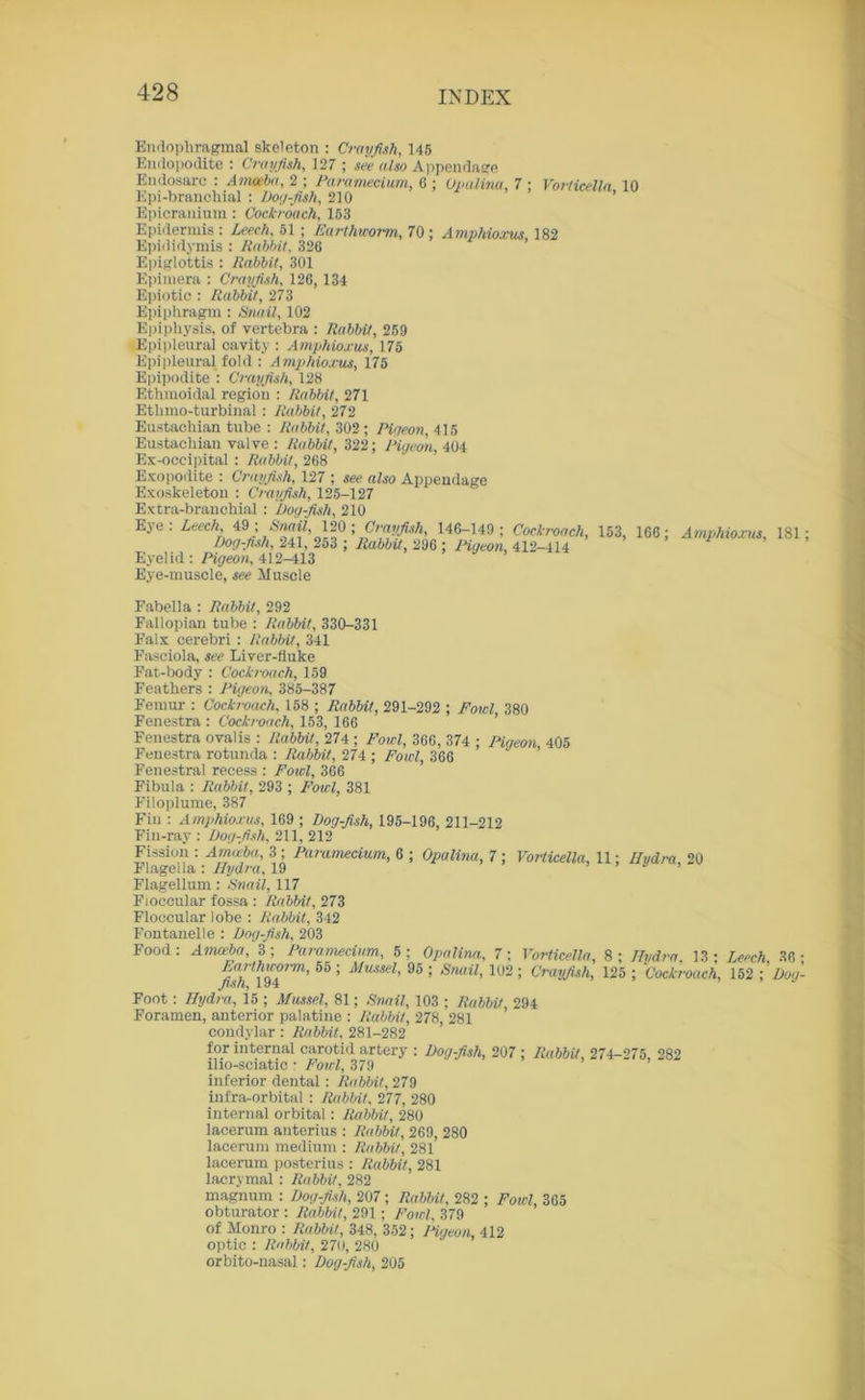 Endophragmal skeleton : Crayfish, 145 Endopodite : Crayfish, 127 ; see also Appendage Endosarc : Amoeba, 2 ; Paramecium, 6 ; Opalina, 7 ; Vor/icella 10 Epi-branohial : Dog-fish, 210 ’ ’ Epicranium : Cockroach, 153 Epidermis : Leech, 51 ; Earthworm, 70 ; Amphioxus, 182 Epididymis : Rabbit, 326 Epiglottis : Rabbit, 301 Epimera : Crayfish, 126, 134 Epiotic : Rabbit, 273 Epiphragm : Snail, 102 Epiphysis, of vertebra : Rabbit, 259 Epipleural cavity : Amphioxus, 175 Epipleural fold : Amphioxus, 175 Epipodite : Crayfish, 128 Ethmoidal region : Rabbit, 271 Ethmo-turbinal : Rabbit, 272 Eustachian tube : Rabbit, 302 ; Pigeon, 415 Eustachian valve : Rabbit, 322; Pigeon, 404 Ex-occipital : Rabbit, 268 Exopodite : Crayfish, 127 ; see also Appendage Exoskeleton : Crayfish, 125-127 Extra-branchial : Dog-fish, 210 Eye: Leech, 49; Snail, 120; Crayfish, 146-149; Cockroach, 153, 166' Dog-fish, 241, 253 ; Rabbit, 296 ; Rig ton. 412-414 Eyelid : Pigeon, 412-413 ’ Eye-muscle, see Muscle Amphioxus, 181; Fabella : Rabbit, 292 Fallopian tube : Rabbit, 330-331 Falx cerebri : Rabbit, 341 Fasciola, see Liver-fluke Fat-body : Cockroach, 159 Feathers : Pigeon, 385-387 Femur : Cockroach, 158 ; Rabbit, 291-292 ; Fowl, 380 Fenestra : Cockroach, 153, 166 Fenestra ovalis : Rabbit, 274 ; Fowl, 366, 374 ; Pigeon 405 Fenestra rotunda : Rabbit, 274 ; Fowl, 366 ’ Fenestral recess : Fowl, 366 Fibula : Rabbit, 293 ; Fowl, 381 Filoplume, 387 Fiu : Amphioxus, 169 ; Dog-fish, 195-196, 211-212 Fin-ray : Dog-fish, 211, 212 Fission : Amoeba, 3; Paramecium, 6 ; Opalina, 7 ; Vorticella, 11; Hydra, 20 Flagella : Hydra, 19 ’ Flagellum: Snail, 117 Fioccular fossa : Rabbit, 273 Floccular lobe : Rabbit, 342 Fontanel I e : Dog-fish, 203 Food: Amxeba, 3; Paramecium, 5; Opalina, 7; Vorticella, 8; Hydra, 13; Leech 36- fish 19485 ’ MUSSd' 95 ’ S,wil’ 102 ’ Crayfish, 125 ; Cockroach, 152 Dog- Foot: Hydra, 15 ; Mussel, 81; Snail, 103 ; Rabbit, 294 Foramen, anterior palatine : Rabbit, 278, 281 condylar : Rabbit, 281-282 for internal carotid artery : Dog-fish, 207 ; Rabbit, 274-275, 282 llio-sciatic • Fowl, 379 inferior dental : Rabbit, 279 infra-orbital : Rabbit, 277, 280 internal orbital : Rabbit, 280 lacerum anterius : Rabbit, 269, 280 lacerum medium : Rabbit, 281 lacerum posterius : Rabbit, 281 lacrymal : Rabbit, 282 magnum : Dog-fish, 207; Rabbit, 282 ; Fowl, 365 obturator : Rabbit, 291; Fowl, 379 of Monro : Rabbit, 348, 352; Pigeon, 412 optic : Rabbit, 270, 280 orbito-nasal: Dog-fish, 205