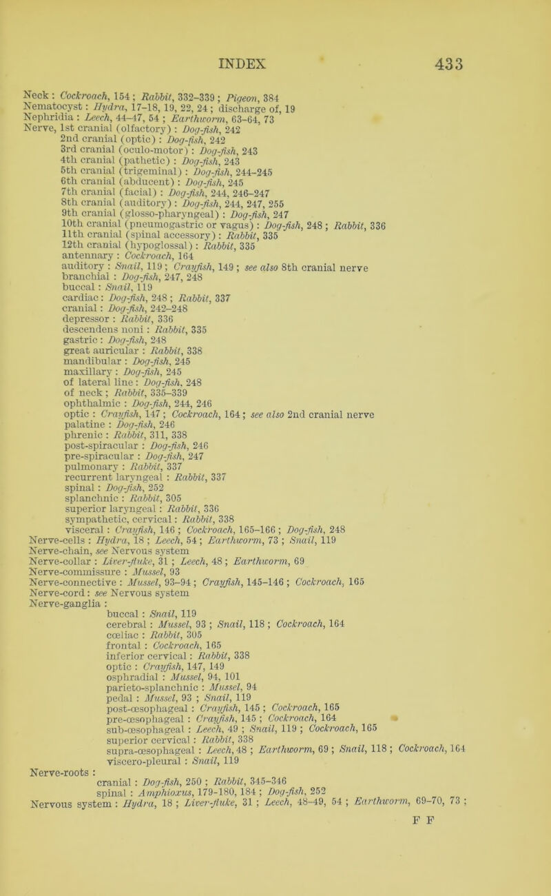 Neck : Cockroach, 154 ; Rabbit, 332-339 ; Pigeon, 384 Nenmtocyst: Hydra, 17-18,19, 22, 24; discharge of, 19 Nepliridia : Leech, 44-47, 54 ; Earthworm, 63-G4. 73 Nerve, 1st cranial (olfactory) : Dog-fish, 242 2nd cranial (optic) : Dog-fish, 242 3rd cranial (oeulo-motor) : Dogfish, 243 4th cranial (pathetic) : Dogfish, 243 5th cranial (trigeminal) : Dog-fish, 244-245 6th cranial (abducent): Dogfish, 245 7th cranial (facial) : Dogfish, 244, 246-247 8th cranial (auditory) : Dog-fish, 244, 247, 255 9th cranial (glosso-pharyngeal) : Dog-fish, 247 10th cranial (pneumogastric or vagus) : Dogfish, 248 ; Rabbit, 336 11th cranial (spinal accessory) : Rabbit, 335 12th cranial (hypoglossal) : Rabbit, 335 antennary : Cockroach, 164 auditory : Snail, 119 ; Crayfish, 149 ; see also 8th cranial nerve branchial : Dog-fish, 247, 248 buccal: Snail, 119 cardiac: Dog-fish, 248 ; Rabbit, 337 cranial: Dog-fish, 242-248 depressor : Rabbit, 336 descendens noni: Rabbit, 335 gastric: Dog-fish, 248 great auricular : Rabbit, 338 mandibular : Dogfish, 245 maxillary : Dogfish, 245 of lateral line : Dogfish. 248 of neck; Rabbit, 335-339 ophthalmic : Dogfish, 244, 246 optic : Crayfish, 147; Cockroach, 164; see also 2nd cranial nerve palatine : Dogfish, 246 phrenic : Rabbit, 311, 338 post-spiracular : Dogfish, 246 pre-spiracular : Dog-fish, 247 pulmonary : Rabbit, 337 recurrent laryngeal : Rabbit, 337 spinal: Dogfish, 252 splanchnic : Rabbit, 305 superior laryngeal: Rabbit, 336 sympathetic, cervical: Rabbit, 338 visceral : Crayfish, 146 ; Cockroach, 165-166 ; Dogfish, 248 Nerve-cells : Hydra, 18 ; Leech, 54 ; Earthworm, 73 ; Snail, 119 Nerve-chain, see Nervous system Nerve-collar : Liver-fluke, 31 ; Leech, 48 ; Earthworm, 69 Nerve-commissure : Mussel, 93 Nerve-connective : Mussel, 93-94; Crayfish, 145-146 ; Cockroach, 165 Nerve-cord: see Nervous system Nerve-ganglia : buccal : Snail, 119 cerebral : Mussel, 93 ; Snail, 118 ; Cockroach, 164 cceliac : Rabbit, 305 frontal : Cockroach, 165 inferior cervical: Rabbit, 338 optic : Crayfish, 147, 149 osphradial : Mussel, 94, 101 parieto-splanchnic : Mussel, 94 pedal : Mussel, 93 ; Snail, 119 post-oesophageal : Crayfish, 145 ; Cockroach, 165 pre-cesophageal : Crayfish, 145 ; Cockroach, 164 sub-cesophageal : Leech, 49 ; Snail, 119 ; Cockroach, 165 superior cervical: Rabbit, 338 supra-oesophageal : Leech, 48 ; Earthworm, 69 ; Snail, 118 ; Cockroach, 164 viscero-pleural: Snail, 119 Nerve-roots : cranial : Dog fish, 250 ; Rabbit, 345-346 spinal : Amphioxus, 179-180, 184 ; Dog-fish, 252 Nervous system : Hydra, 18 ; Liver-fluke, 31 ; Leech, 48-49, 54 ; Earthworm, 69-70, / 3 ; F F