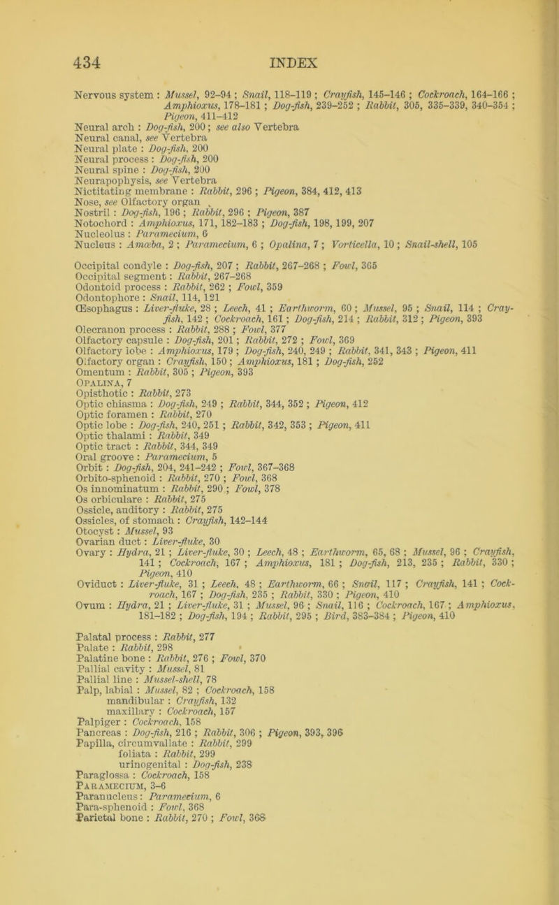 Nervous system : Mussel, 92-94 ; Snail, 118-119 ; Crayfish, 145-146 ; Cockroach, 164-166 ; Amphioxus, 178-181 ; Dog-fish, 239-252 ; Rabbit, 305, 335-339, 340-354 ; Pigeon, 411-412 Neural arc.li : Dog-fish, 200; see also Vertebra Neural caual, see Vertebra Neural plate : Dog-fish, 200 Neural process : Dog-fish, 200 Neural spine : Dog-fish, 200 Neurapophysis, see Vertebra Nictitating membrane : Rabbit, 296 ; Pigeon, 384, 412, 413 Nose, see Olfactory organ , Nostril : Dog-fish, 196 ; Rabbit, 296 ; Pigeon, 387 Notochord : Amphioxus, 171, 182-183 ; Dog-fish, 198, 199, 207 Nucleolus : Paramecium, 6 Nucleus : Amoeba, 2 ; Paramecium, 6 ; Opalina, 7 ; Vorticella, 10 ; Snail-shell, 105 Occipital condyle : Dog-fish, 207 ; Rabbit, 267-268 ; Fowl, 365 Occipital segment: Rabbit, 267-268 Odontoid process : Rabbit, 262 ; Fowl, 359 Odontophore : Snail, 114,121 (Esophagus : Liver-fluke, 28 ; Leech, 41 ; Earthworm, 60; Mussel, 95 ; Snail, 114 ; Cray- fish, 142 ; Cockroach, 161; Dog-fish, 214 ; Rabbit, 312 ; Pigeon, 393 Olecranon process : Rabbit, 288 ; Fowl, 377 Olfactory capsule : Dog-fish, 201; Rabbit, 272 ; Fowl, 369 Olfactory iobe : Amphioxus, 179 ; Dog-fish, 240, 249 ; Rabbit, 341, 343 ; Pigeon, 411 Olfactory organ : Crayfish, 150; Amphioxus, 181 ; Dog-fish, 252 Omentum : Rabbit, 305 ; Pigeon, 393 Opalixa, 7 Opisthotic : Rabbit, 273 Optic chiasma : Dog-fish, 249 ; Rabbit, 344, 352 ; Pigeon, 412 Optic foramen : Rabbit, 270 Optic lobe : Dog-fish, 240, 251 ; Rabbit, 342, 353 ; Pigeon, 411 Optic thalami: Rabbit, 349 Optic tract : Rabbit, 344, 349 Oral groove : Paramecium, 5 Orbit : Dog-fish, 204, 241-242 ; Fowl, 367-368 Orbito-sphenoid : Rabbit, 270 ; Fowl, 368 Os innominatum : Rabbit, 290 ; Fowl, 378 Os orbiculare : Rabbit, 275 Ossicle, auditory : Rabbit, 275 Ossicles, of stomach : Crayfish, 142-144 Otocyst: Mussel, 93 Ovarian duct: Liver-fluke, 30 Ovary : Hydra, 21; Liver-fluke, 30 ; Leech, 48 ; Earthworm, 65, 68 ; Mussel, 96 ; Crayfish, 141 ; Cockroach, 167 ; Amphioxus, 181 ; Dog-fish, 213, 235 ; Rabbit, 330 ; Pigeon, 410 Oviduct : Liver-fluke, 31 ; Leech, 48 ; Earthwoim, 66 ; Snail, 117 ; Crayfish, 141 ; Cock- roach, 167 ; Dog-fish, 235 ; Rabbit, 330 ; Pigeon, 410 Ovum : Hydra, 21 ; Liver-fluke, 31 ; Mussel, 96 ; Snail, 116 ; Cockroach, 167 ; Amphioxus, 181-182 ; Dog-fish, 194 ; Rabbit, 295 ; Bird, 383-384 ; Pigeon, 410 Palatal process : Rabbit, 277 Palate : Rabbit, 298 • Palatine bone : Rabbit, 276 ; Fowl, 370 Pallial cavity : Mussel, 81 Pallial line : Mussel-shell, 78 Palp, labial : Mussel, 82 ; Cockroach, 158 mandibular : Crayfish, 132 maxillary : Cockroach, 157 Palpiger : Cockroach, 158 Pancreas : Dog-fish, 216 ; Rabbit, 306 ; Pigeon, 393, 396 Papilla, circumvallate : Rabbit, 299 foliata : Rabbit, 299 urinogenital : Dog-fish, 238 Paraglossa : Cockroach, 158 Paramecium, 3-6 Paranucleus: Paramecium, 6 Para-sphenoid : Fowl, 368 Parietal bone : Rabbit, 270 ; Fowl, 368