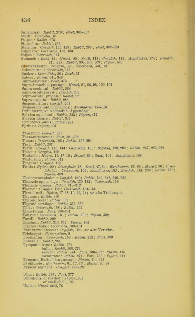 Squamosal: Rabbit, 278 ; Fowl, 366-367 Stalk : Vorticella, 10 Stapes : Rabbit, 275 Sternebra : Rabbit, 266 Sternum : Crayfish, 126,128 ; Rabbit, 266 ; Fowl, 362-363 Stigmata : Cockroach, 156, 163 Stipes: Cockroach, 157 Stomach : Leech, 42 ; Mussel, 95 ; Snail, 114; Crayfish, 112 ; Amphioxus, 174'; Dog-fish, 213, 215 ; Rabbit, 304, 305, 309; IHgeon, 393 Sfcomatodmum; Crayfish, 141; Cockroach, 159, 161 Submentum: Cockroach, 158 Sucker : Liver-fluke, 26 ; Leech, 37 Sulcus : Rabbit, 341, 349 Supra-angular: Fowl, 373 Supra-branchial passage : Mussel, 81, 86, 98, 100,101 Supra-occipital : Rabbit, 268 Supra-orbital crest : Dog-fish, 203 Supra-orbital process : Rabbit, 271 Supra-seapula : Rabbit, 286 Suspensorium: Dog-fish, 209 Suspensory fold of pharynx : Amphioxus, 175-187 Swimmeret, see Abdominal Appendage Sylvian aqueduct: Rabbit, 353 ; Pigeon, 412 Sylvian fissure : Rabbit, 343 Symphysis pubis : Rabbit, 291 Syrinx : Pigeon, 407 Tapetum : Dog-fish, 253 Tarso-metatarsus: Fowl, 381-382 Tarsus : Cockroach, 158 ; Rabbit, 293-294 Teat: Rabbit, 297 Teeth : Crayfish, 143, 144; Cockroach, 161 ; Dog-fish, 198, 208 ; Rabbit, 257, 283-285 Telson : Crayfish, 128 Tentacle : Hydra, 15, 17-19; Mussel, 83 ; Snail, 103 ; Amphioxus, 169 Tentorium : Rabbit, 341 Tergum : Crayfish, 126 Testis : Ilydra, 20 ; Liver-fluke, 28 ; Leech, 47, 54 ; Earthworm, 67, 69 ; Mussel, 96 ; Cray- fish, 140 ; Cockroach, 166 ; Amphioxus, 182 ; Dog-fish, 214, 236 ; Rabbit, 326; IHgeon, 409 Thalamencephalon : Dog-fish, 240 ; Rabbit, 342, 346, 349, 351 Thoracic appendage : Crayfish, 130-132 ; Cockroach, 158 Thoracic viscera : Rabbit, 310-312 Thorax : Crayfish, 128 ; Cockroach, 154-155 Thread-cell: Hydra, 17-18,19, 22, 24; see also Trichocyst Thymus : Rabbit, 310 Thyroid body : Rabbit, 333 Thyroid cartilage : Rabbit, 333, 339 Tibia : Cockroach, 158 ; Rabbit, 292 Tibio-tarsus: Fowl, 380-381 Tongue : Cockroach, 161; Rabbit, 299 ; Pigeon, 392 Tonsil: Rabbit, 299 Trachea : Rabbit. 310, 332 ; Pigeon, 406 Tracheal tube : Cockroach, 163-164 Transverse process : Dog-fish, 199 ; see also Vertebra Trichocyst: Paramecium, 5 Trochanter : Cockroach, 158 ; Rabbit, 292 ; Fowl, 380 Tubercle : Rabbit, 265 Tympanic bone : Rabbit, 274 bulla : Rabbit, 268, 274 cavity : Rabbit, 274 ; Fowl, 366-367 ; Pigeon, 415 membrane : Rabbit, 274 ; Fowl, 366 ; Pigeon, 414 Tympano-Eustachian passage : Pigeon, 414—115 Typhlosole : Earthworm, 61, 72, 73; Mussel, 95, 97 Typical segment: Crayfish, 125-127 Ulna : Rabbit, 288 ; Fowl, 377 Umbilicus, of feather : Pigeon, 385 of snail-shell, i05 Umbo : Mussel-shell, 76