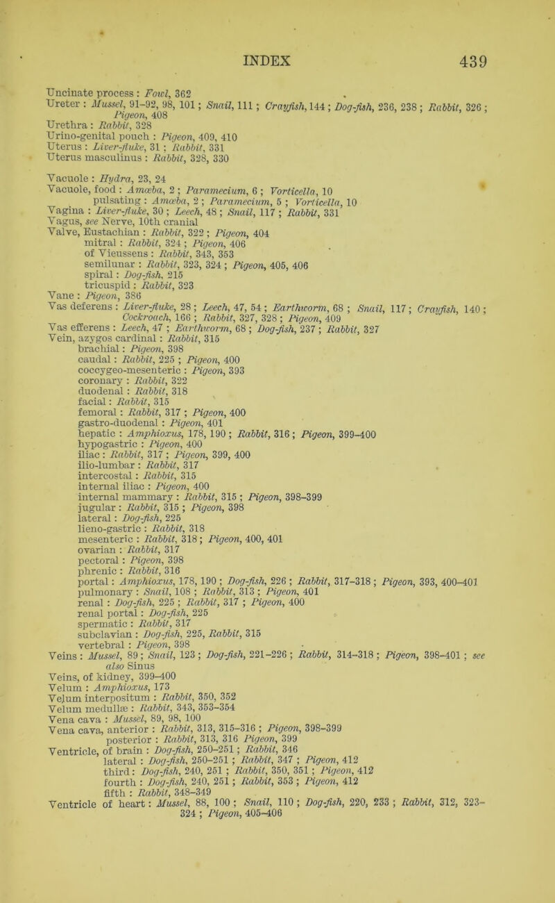 Uncinate process : Fowl, 362 Ureter : Mussel, 91-92, 98, 101 ; Snail, 111; Crayfish, 144 ; Dog-fish, 236, 238 ; Rabbit, 326 ; Pigeon, 408 Urethra: Rabbit, 328 Urino-genital pouch : Pigeon, 409, 410 Uterus : Liver-fluke, 31; Rabbit, 331 Uterus masculinus : Rabbit, 328, 330 Yacuole : Hydra, 23, 24 Vacuole, food : Amoeba, 2 ; Paramecium, 6 ; Vorticella, 10 pulsating : Amoeba, 2 ; Paramecium, 6 ; Vorticella, 10 Vagina : Liver-fluke, 30 ; Leech, 48 ; Snail, 117 ; Rabbit, 331 Vagus, see Nerve, 10th cranial Valve, Eustachian : Rabbit, 322 ; Pigeon, 404 mitral : Rabbit, 324 ; Pigeon, 406 of Vieussens : Rabbit, 343, 353 semilunar : Rabbit, 323, 324 ; Pigeon, 405, 406 spiral: Dog-fish, 215 tricuspid: Rabbit, 323 Vane : Pigeon, 386 Vas deferens : Liver-fluke, 28 ; Leech, 47, 54; Earthworm, 68 ; Snail, 117; Crayfish, 140 ; Cockroach, 166 ; Rabbit, 327, 328 ; Pigeon, 409 Vas efEerens : Leech, 47 ; Earthworm, 68 ; Dog-fish, 237 ; Rabbit, 327 Vein, azygos cardinal: Rabbit, 315 brachial: Pigeon, 398 caudal: Rabbit, 225 ; Pigeon, 400 coccygeo-mesenteric : Pigeon, 393 coronary : Rabbit, 322 duodenal : Rabbit, 318 facial: Rabbit, 315 femoral : Rabbit, 317 ; Pigeon, 400 gastro-duodenal: Pigeon, 401 hepatic : Amphioxus, 178, 190 ; Rabbit, 316; Pigeon, 399-400 hypogastric : Pigeon, 400 iliac: Rabbit, 317 ; Pigeon, 399, 400 ilio-lumbar : Rabbit., 317 intercostal: Rabbit, 315 internal iliac : Pigeon, 400 internal mammary : Rabbit, 315 ; Pigeon, 398-399 jugular : Rabbit, 315 ; Pigeon, 398 lateral: Dog-fish, 225 lieno-gastric : Rabbit, 318 mesenteric : Rabbit, 318; Pigeon, 400, 401 ovarian : Rabbit, 317 pectoral: Pigeon, 398 phrenic : Rabbit, 316 portal: Amphioxus, 178,190 ; Dog-fish, 226 ; Rabbit, 317-318 ; Pigeon, 393, 400-401 pulmonary : Snail, 108 ; Rabbit, 313 ; Pigeon, 401 renal : Dog-fish, 225 ; Rabbit, 317 ; Pigeon, 400 renal portal: Dog-fish, 225 spermatic : Rabbit, 317 subclavian : Dog-fish, 225, Rabbit, 315 vertebral : Pigeon, 398 Veins : Mussel, 89; Snail, 123 ; Dog-fish, 221-226 ; Rabbit, 314-318 ; Pigeon, 398-401 ; see also Sinus Veins, of kidney, 399^00 Velum : Amphioxus, 173 Velum interpositum : Rabbit, 350, 352 Velum medullas : Rabbit, 343, 353-354 Vena cava : Mussel, 89, 98, 100 Vena cava, anterior : Rabbit, 313, 315-316 ; Pigeon, 398-399 posterior : Rablrit, 313, 316 Pigeon, 399 Ventricle, of brain : Dog-fish, 250-251; Rabbit, 346 lateral : Dog-fish, 250-251 ; Rabbit, 347 ; Pigeon, 412 third: Dog-fish, 240, 251 ; Rabbit, 350, 351 ; Pigeon, 412 fourth : Dog-fish, 240, 251 ; Rabbit, 353 ; Pigeon, 412 fifth : Rabbit, 348-349 Ventricle of heart: Mussel, 88, 100 ; Snail, 110 ; Dog-fish, 220, 233 ; Rabbit, 312, 323— 324 ; Pigeon, 405-406