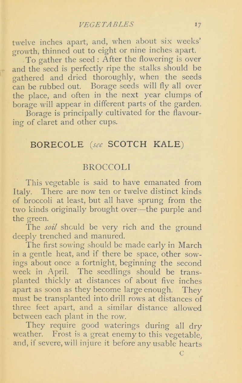 twelve inches apart, and, when about six weeks’ growth, thinned out to eight or nine inches apart. To gather the seed : After the flowering is over and the seed is perfectly ripe the stalks should be gathered and dried thoroughly, when the seeds can be rubbed out. Borage seeds will fly all over the place, and often in the next year clumps of borage will appear in different parts of the garden. Borage is principally cultivated for the flavour- ing of claret and other cups. BORECOLE {see SCOTCH KALE) BROCCOLI This vegetable is said to have emanated from Italy. There are now ten or twelve distinct kinds of broccoli at least, but all have sprung from the two kinds originally brought over—the purple and the green. The soil should be very rich and the ground deeply trenched and manured. The first sowing should be made early in March in a gentle heat, and if there be space, other sow- ings about once a fortnight, beginning the second week in April. The seedlings should be trans- planted thickly at distances of about five inches apart as soon as they become large enough. They must be transplanted into drill rows at distances of three feet apart, and a similar distance allowed between each plant in the row. They require good waterings during all dry weather. Frost is a great enemy to this vegetable, and, if severe, will injure it before any usable hearts C