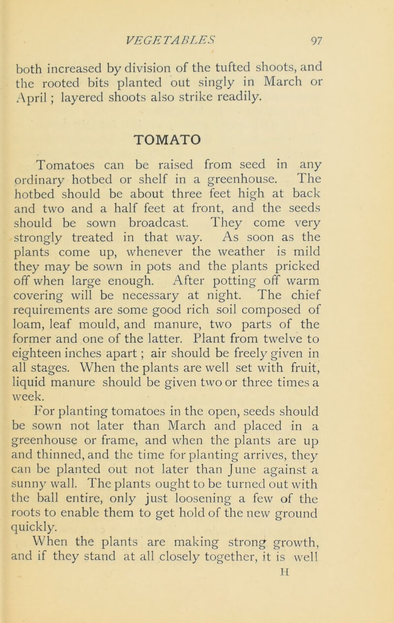 both increased by division of the tufted shoots, and the rooted bits planted out singly in March or April; layered shoots also strike readily. TOMATO Tomatoes can be raised from seed in any ordinary hotbed or shelf in a greenhouse. The hotbed should be about three feet high at back and two and a half feet at front, and the seeds should be sown broadcast. They come very strongly treated in that way. As soon as the plants come up, whenever the weather is mild they may be sown in pots and the plants pricked off when large enough. After potting off warm covering will be necessary at night. The chief requirements are some good rich soil composed of loam, leaf mould, and manure, two parts of the former and one of the latter. Plant from twelve to eighteen inches apart; air should be freely given in all stages. When the plants are well set with fruit, liquid manure should be given two or three times a week. For planting tomatoes in the open, seeds should be sown not later than March and placed in a greenhouse or frame, and when the plants are up and thinned, and the time for planting arrives, they can be planted out not later than June against a sunny wall. The plants ought to be turned out with the ball entire, only just loosening a few of the roots to enable them to get hold of the new ground quickly. When the plants are making strong growth, and if they stand at all closely together, it is well H