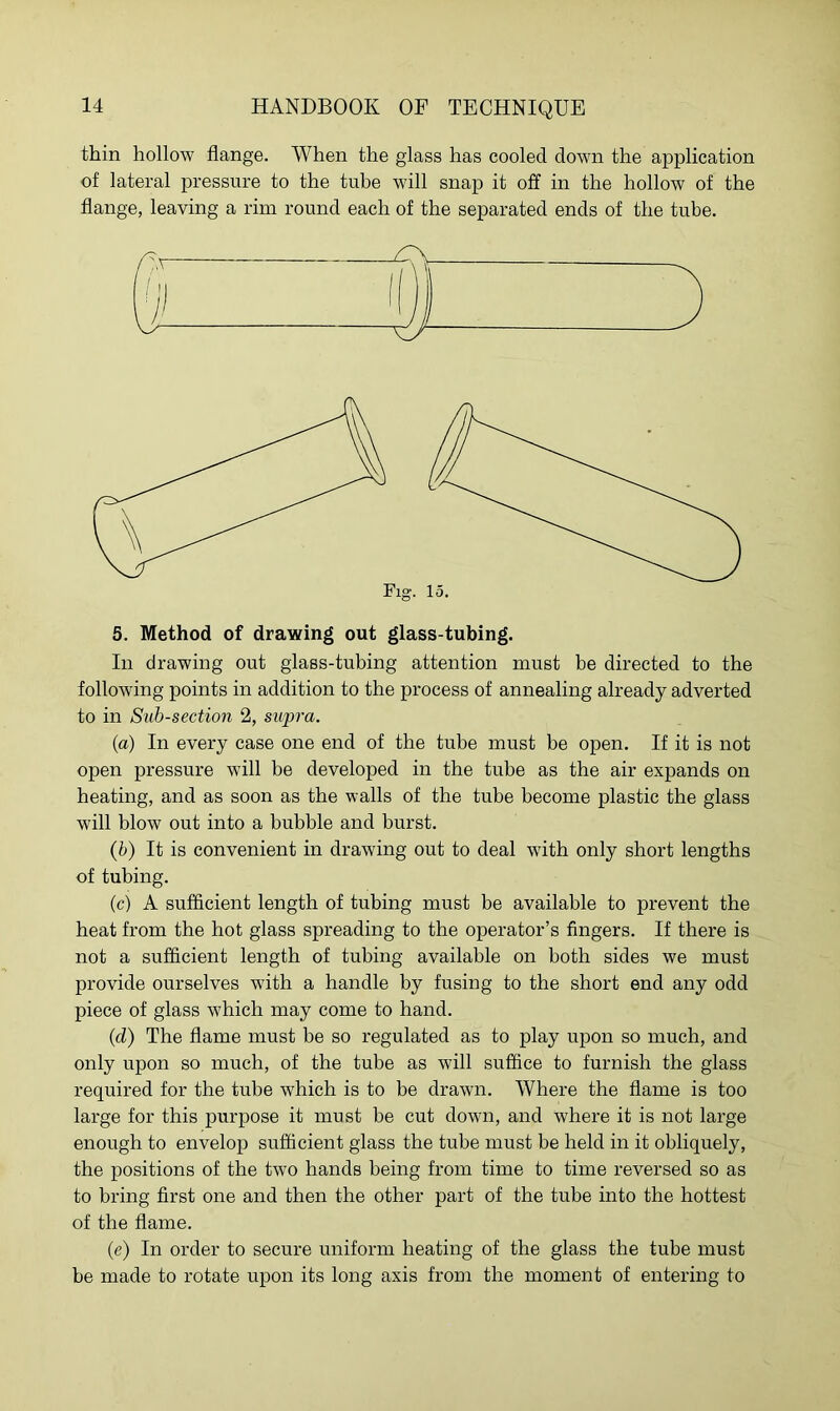 thin hollow flange. When the glass has cooled down the application of lateral pressure to the tube will snap it off in the hollow of the flange, leaving a rim round each of the separated ends of the tube. 5. Method of drawing out glass-tubing. In drawing out glass-tubing attention must be directed to the following points in addition to the process of annealing already adverted to in Sub-section 2, supra. (а) In every case one end of the tube must be open. If it is not open pressure will be developed in the tube as the air expands on heating, and as soon as the walls of the tube become plastic the glass will blow out into a bubble and burst. (б) It is convenient in drawing out to deal with only short lengths of tubing. (c) A sufficient length of tubing must be available to prevent the heat from the hot glass spreading to the operator’s fingers. If there is not a sufficient length of tubing available on both sides we must provide ourselves with a handle by fusing to the short end any odd piece of glass which may come to hand. (id) The flame must be so regulated as to play upon so much, and only upon so much, of the tube as will suffice to furnish the glass required for the tube which is to be drawn. Where the flame is too large for this purpose it must be cut down, and where it is not large enough to envelop sufficient glass the tube must be held in it obliquely, the positions of the two hands being from time to time reversed so as to bring first one and then the other part of the tube into the hottest of the flame. (e) In order to secure uniform heating of the glass the tube must be made to rotate upon its long axis from the moment of entering to