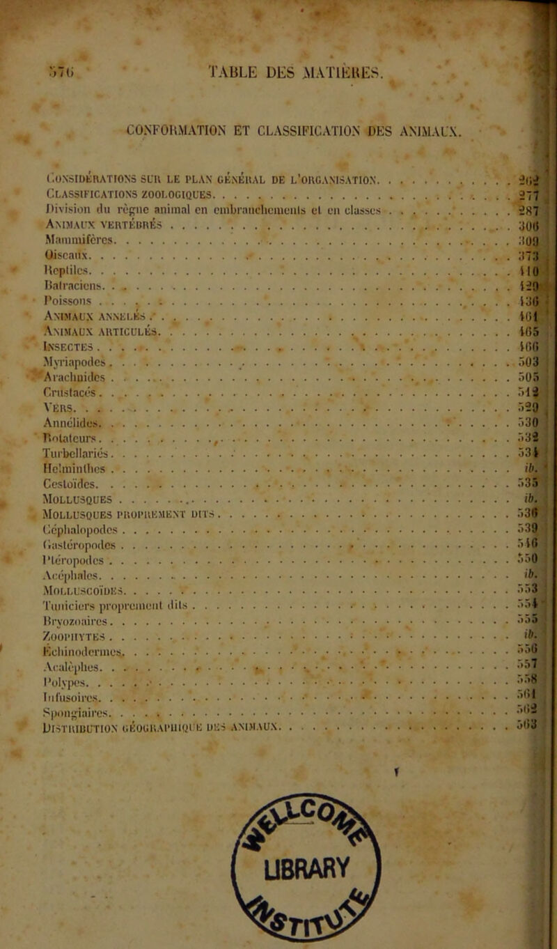 CONFOHMATION ET CLASSIFICATION DES ANIMAUX. Co.NsIDBRATIOSS SUR LE PLAN GÉNÉRAL DE L’ORGANISATION. . . Classifications zoolociques Division du rèpriie animal en pinbrancliuniuuls cl en classes . . Animaux vertébrés Mammifères Uiscaiix Uoplilcs lîalraciens Poissons Animaux annulés ^ .\mmaux articulés Insectes . . . MjTiapodcs _ ■ ’'^’Aiachuidcs Cnislacés _ \'ERS - ; Annélides ■ Tlolalcurs. , Turbcllariés Ho'.raiiUlios Cestoïdes , Mollusques Mollusques proprement dits Ccplialopodcs . . ( lastéropodes l’iéropodes .Vcéidinlcs Molluscoïdes Tuiiiciers propreineiil dits Hryoznaii'es Züopiiytes Ecliinodennes .Vcalèplies Polypes . * Infusoires Sponifiaires Distribution géographique ues animaux idïT 27t '287 aotf ;iüa ;i7:i ;i7:i 1 ilOf 129>i luatl lût f()5 ino .703 .705 51 « .798 .730 .739 531 I ib. ^ .735 I ib. ; 53(f ' 5.39 ; .716 550 ' ib. ■ 553, i .100 ' ib. I .756 ! 557 : 558 ' .701 .703 ' 503 ’ I I