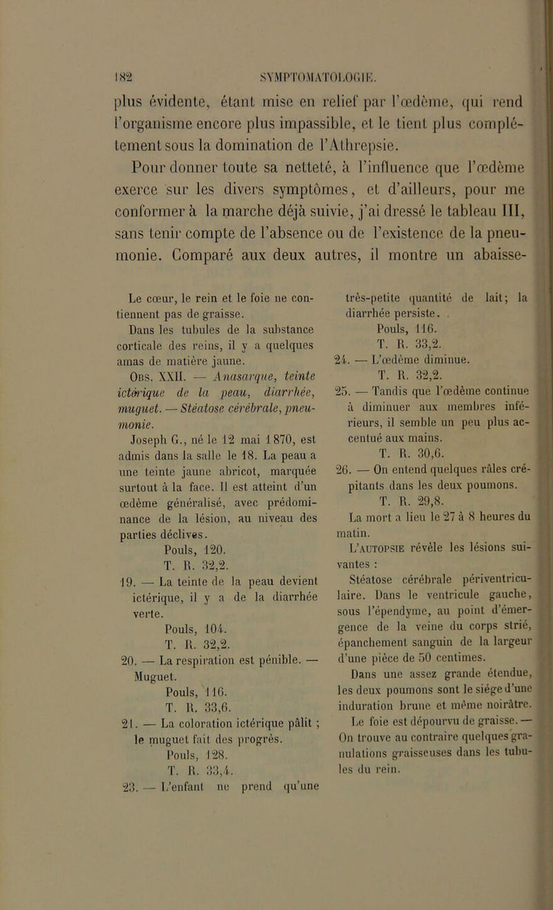 plus évidente, étant mise en relief par l’œdème, qui rend l’organisme encore plus impassible, et le tient plus complè- tement sous la domination de l’Athrepsie. Pour donner toute sa netteté, à l’influence que l’œdème exerce sur les divers symptômes, et d’ailleurs, pour me conformer à la marche déjà suivie, j’ai dressé le tableau III, sans tenir compte de l’absence ou de l’existence de la pneu- monie. Comparé aux deux autres, il montre un abaisse- Le cœur, le rein et le foie ne con- tiennent pas dégraissé. Dans les tubules de la substance corticale des reins, il y a quelques amas de matière jaune. Ons. XXII. — Anasarque, teinte ictérique de la peau, diarrhée, muguet. —Stéatose cérébrale, pneu- monie. Joseph G., né le 12 mai 1870, est admis dans la salle le 18. La peau a une teinte jaune abricot, marquée surtout à la face. Il est atteint d’un œdème généralisé, avec prédomi- nance de la lésion, au niveau des parties déclives. Pouls, 120. T. R. 32,2. 19. — La teinte de la peau devient ictérique, il y a de la diarrhée verte. Pouls, 101. T. R. 32,2. 20. — La respiration est pénible. — Muguet. Pouls, 116. T. R. 33,6. 21. — La coloration ictérique pâlit ; le muguet fait des progrès. Pouls, 128. T. R. 33,4. 23. — L’enfant ne prend qu’une très-petite quantité de lait; la diarrhée persiste. , Pouls, 116. T. R. 33,2. 24. — L’œdème diminue. T. R. 32,2. 25. — Tandis que l’œdème continue à diminuer aux membres infé- rieurs, il semble un peu plus ac- centué aux mains. T. R. 30,6. 26. — On entend quelques râles cré- pitants dans les deux poumons. T. R. 29,8. La mort a lieu le 27 à 8 heures du matin. L’autopsie révèle les lésions sui- vantes : Stéatose cérébrale périventricu- laire. Dans le ventricule gauche, sous l’épendyme, au point d’émer- gence de la veine du corps strié, épanchement sanguin de la largeur d’une pièce de 50 centimes. Dans une assez grande étendue, les deux poumons sont le siège d’une induration brune et même noirâtre. Le foie est dépourvu de graisse. — On trouve au contraire quelques gra- nulations graisseuses dans les tubu- les du rein.