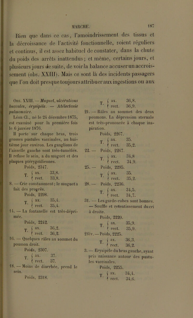Bien que dans ce cas, l’amoindrissement des tissus et la décroissance de l’activité fonctionnelle, soient réguliers et continus, il est assez habituel de constater, dans la chute du poids des arrêts inattendus; et même, certains jours, et plusieurs jours de suite, de voirla balance accuser un accrois- sement (obs. XXIII). Mais ce sont là des incidents passagers que l’on doit presque toujours attribuer aux ingestions ou aux Obs. XXIII. — Muguet, ulcérations buccales, érysipèle. — Atélectasie pulmonaire. Léon Cl., né le 24 décembre 1875, est examiné pour la première fois le 6 janvier 1876. 11 porte sur chaque bras, trois grosses pustules vaccinales, au hui- tième jour environ. Les ganglions de Faisselle gauche sont très-tuméfiés. Il refuse le sein, a du muguet et des plaques ptérygoïdiennes. Poids, 2347. r„ j ax. 33,8. j rect. 33,8. 8. — Crie constamment; le muguet a ax. 36,8. rect. 36,9. 21. — Râles au sommet des deux poumons. La dépression sternale est très-prononcée à chaque ins- piration. Poids, 2267. ax. 35. rect. 35,2. Poids, 2267. ax. 34,8 rect. 34,9. Poids, 2295. ax. 35. rect. 35,2. 28.— Poids, 2236. 22. — 25. T. T. T. fait des progrès. T. ( ax. 34,5. Poids, 2298. ( rect. 34,7. T. i j ax‘ 35,4. 31. — Les g arde-robes sont bonnes. [ rect. 35,4. — Souffle et retent issement du cri 14. — La fontanelle est très-dépri- à droite. mée. Poids, 2220. Poids, 2242. T. j ax. 35,9. T' ! [ ax. 36,2. 1 rect. 35,9. [ rect. 36,2. 2fév. — Poids, 2225. 16. — Quelques râles au sommet du T-1 i ax. 36,3. poumon droit. rect. 36,2. Poids, 2307. 37. 3. — Erysipèle du bras gauche, ayant T. ! ax. pris naissance autour des pustu- [ rect. 37. les vaccinales. 18. — Moins de diarrhée, prend le sein. Poids, 2318. Poids, 2255. T | ax. 34,4. f rect. 34,6.