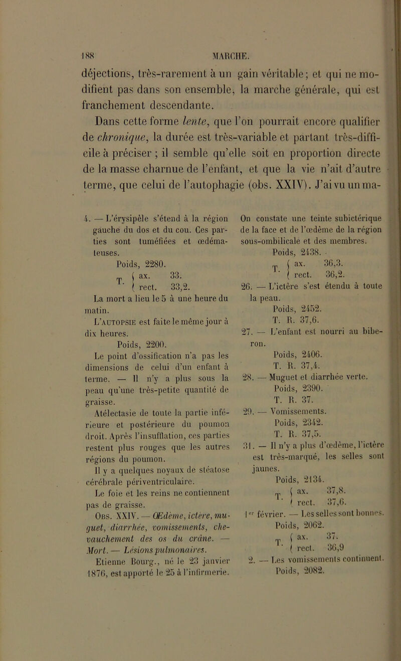 déjections, très-rarement à un gain véritable; et qui ne mo- difient pas dans son ensemble, la marche générale, qui est franchement descendante. Dans cette forme lente, que l’on pourrait encore qualifier de chronique, la durée est très-variable et partant très-diffi- cile à préciser ; il semble qu’elle soit en proportion directe de la masse charnue de l’enfant, et que la vie n’ait d’autre terme, que celui de l’autophagie (obs. XXIV). J’ai vu un ma- 4. — L’érysipèle s’étend à la région gauche du dos et du cou. Ces par- ties sont tuméfiées et œdéma- teuses. Poids, 2280. { ax. 33. ( rect. 33,2. La mort a lieu le 5 à une heure du matin. L’autopsie est faite le même jour à dix heures. Poids, 2200. Le point d'ossification n’a pas les dimensions de celui d’un enfant à terme. — 11 n’y a plus sous la peau qu’une très-petite quantité de graisse. Atélectasie de toute la partie infé- rieure et postérieure du poumon droit. Après l’insufllation, ces parties restent plus rouges que les autres régions du poumon. 11 y a quelques noyaux de stéatose cérébrale péri ventriculaire. Le foie et les reins ne contiennent pas de graisse. Obs. XXIV. — Œdème, ictère, mu- guet, diarrhée, vomissements, che- vauchement des os du crâne. — Mort. — Lésions 'pulmonaires. Etienne Bourg., né le 23 janvier 1870, est apporté le 25 à l’infirmerie. On constate une teinte subictérique de la face et de l’œdème de la région sous-ombilicale et des membres. Poids, 2438. • T ( ax. 36,3. ( rect. 36,2. 26. — L’ictère s’est étendu à toute la peau. Poids, 2452. T. R. 37,6. 27. — L’enfant est nourri au bibe- ron. Poids, 2406. T. R. 37,4. 28. — Muguet et diarrhée verte. Poids, 2390. T. R. 37. 29. — Vomissements. Poids, 2342. T. R. 37,5. 31. — Il n’y a plus d’œdème, l’ictère est très-marqué, les selles sont jaunes. Poids, 2134. ( ax. 37,8. I rect. 37,6. I01 février. — Les selles sont bonnes. Poids, 2062. ( ax. 37. ( rect. 36,9 2. —Les vomissements continuent.