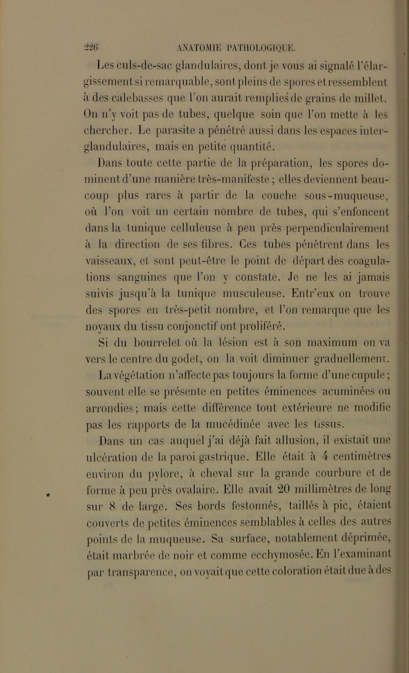 Les culs-de-sac glandulaires, dont je vous ai signalé l’élar- gissement si remarquable, sont pleins de spores et ressemblent à des calebasses que l’on aurait remplies de grains de millet. On 11’y voit pas de tubes, quelque soin que l’on mette à les chercher. Le parasite a pénétré aussi dans les espaces inter- glandulaires, mais en petite quantité. Dans toute cette partie de la préparation, les spores do- minent d’une manière très-manifeste ; elles deviennent beau- coup plus rares à partir de la couche sous-muqueuse, où l’on voit un certain nombre de tubes, qui s’enfoncent dans la tunique celluleuse à peu près perpendiculairement à la direction de ses fibres. Ces tubes pénètrent dans les vaisseaux, et sont peut-être le point de départ des coagula- tions sanguines que l’on y constate. Je ne les ai jamais suivis jusqu’à la tunique musculeuse. Entr’eux on trouve des spores en très-petit nombre, et l’on remarque que les noyaux du tissu conjonctif ont proliféré. Si du bourrelet où la lésion est à son maximum on va vers le centre du godet, on la voit diminuer graduellement. La végétation n’affecte pas toujours la forme d’une cupule; souvent elle se présente en petites éminences acuminées ou arrondies; mais cette différence tout extérieure ne modifie pas les rapports de la mucédinée avec les tissus. Dans un cas auquel j’ai déjà fait allusion, il existait une ulcération de la paroi gastrique. Elle était à 4 centimètres environ du pylore, à cheval sur la grande courbure et de forme à peu près ovalaire. Elle avait 20 millimètres de long sur 8 de large. Ses bords festonnés, taillés à pic, étaient couverts de petites éminences semblables à celles des autres points de la muqueuse. Sa surface, notablement déprimée, était marbrée de noir et comme ecchymosée. En l’examinant par transparence, on voyait que cette coloration était due à des