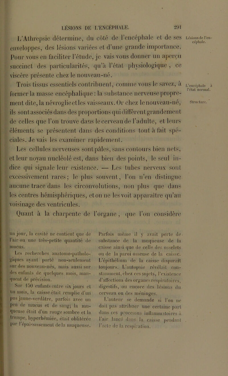 L’Athrepsie détermine, du côté de l’encéphale et de ses enveloppes, des lésions variées et d’une grande importance. Pour vous en faciliter l’étude, je vais vous donner un aperçu succinct des particularités, qu’à l’état physiologique , ce viscère présente chez le nouveau-né. Trois tissus essentiels contribuent, comme vous le savez, à former la masse encéphalique : la substance nerveuse propre- ment dite, la névroglieetles vaisseaux. Or chez le nouveau-né, ils sont associés dans des proportions qui diffèrent grandement de celles que l’on trouve dans le cerveau de l’adulte, et leurs éléments se présentent dans des conditions tout à fait spé- ciales. .levais les examiner rapidement. Les cellules nerveuses sont pâles, sans contours bien nets, et leur noyau nucléolé est, dans bien des points, le seul in- dice qui signale leur existence. — Les tubes nerveux sont excessivement rares; le plus souvent, l’on n’en distingue aucune trace dans les circonvolutions, non plus que dans les centres hémisphériques, eton ne les voit apparaître qu’au voisinage des ventricules. Quant à la charpente de l’organe, que Ton considère Lésions de l'en- céphale. L'encéphale à l’état normal. Structure. un jour, la cavité ne contient, que de l’air ou une très-petite quantité de mucus. Les recherches anatomo-patholo- giques avant porté non-seulemenl sur des nouveau-nés, niais aussi sur des entants de quelques mois, man- quent de précision. Sur 150 enfants entre six jours et nu mois, la caisse était remplie d’un pus jaune-verdâtre, parfois avec un peu de mucus et de sang; la mu- queuse était d’un rouge sombre et la trompe, hyperhémiée, était oblitérée par I épaississement delà muqueuse. Parfois môme il y avait perte de. substance de la muqueuse de la caisse ainsi que de celle des osselets ou de la paroi osseuse de la caisse. L’épithélium de la caisse disparait toujours. L’anlupsie révélait con- stamment, chez ces sujets, l’existence d’affections des organes respiratoires, digestifs, ou encore des lésions dit cerveau ou des méninges. L’auteur se demande si l’on ne doit pas attribuer une certaine part dans ces processus inflammatoires à I air lancé dans la caisse pendant I acte de la respiration.