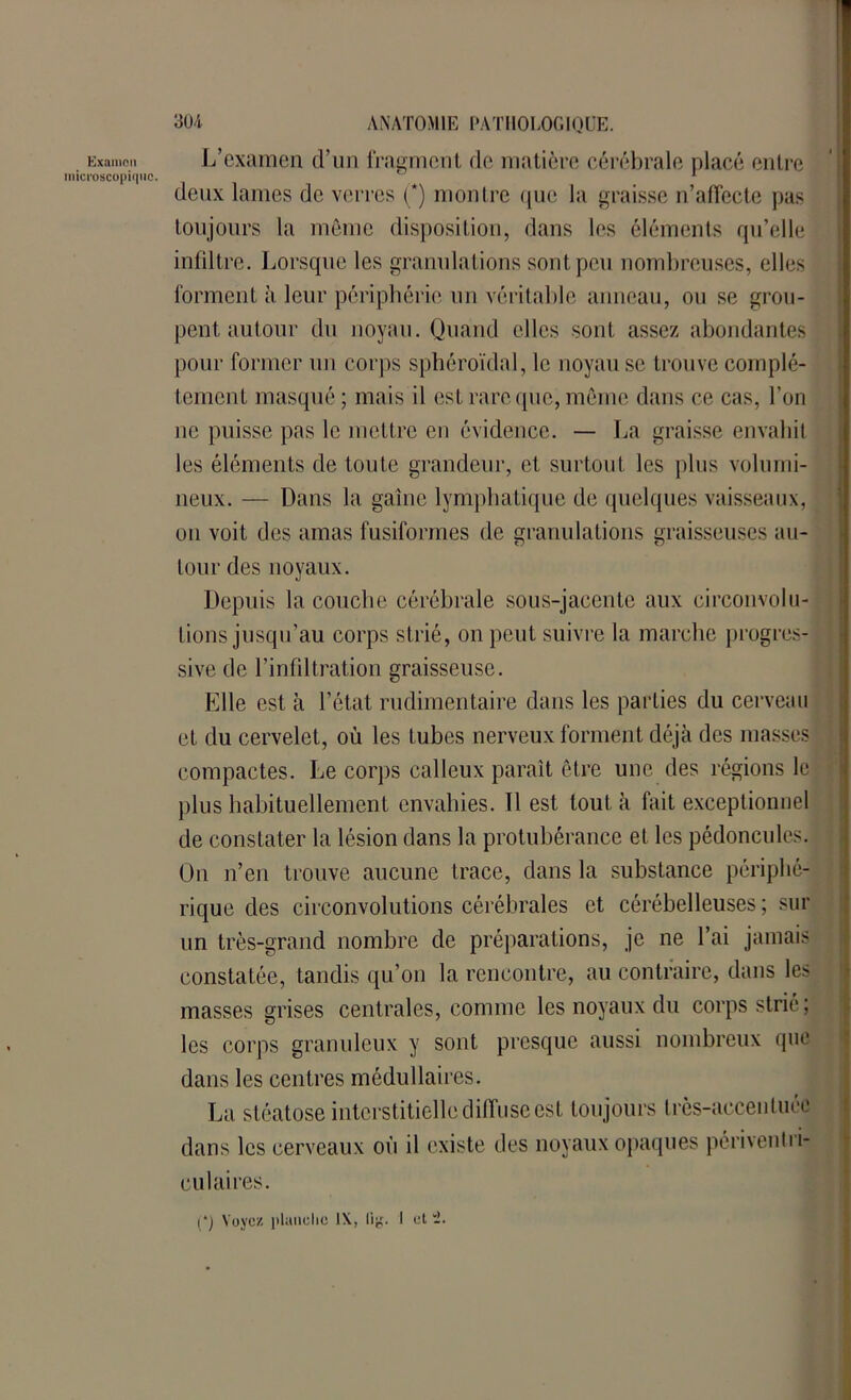Examen microscopique. 304 ANATOMIE PATHOLOGIQUE. L’examen d’un fragment de matière cérébrale placé entre deux lames de verres (*) montre que la graisse n’afTecte pas toujours la môme disposition, dans les éléments qu’elle infiltre. Lorsque les granulations sont peu nombreuses, elles forment à leur périphérie un véritable anneau, ou se grou- pent autour du noyau. Quand elles sont assez abondantes pour former un corps sphéroïdal, le noyau se trouve complè- tement masqué ; mais il est rare que, même dans ce cas, l’on ne puisse pas le mettre en évidence. — La graisse envahit les éléments de toute grandeur, et surtout les plus volumi- neux. — Dans la gaine lymphatique de quelques vaisseaux, on voit des amas fusiformes de granulations graisseuses au- tour des noyaux. Depuis la couche cérébrale sous-jacente aux circonvolu- tions jusqu’au corps strié, on peut suivre la marche progres- sive de l’infdtration graisseuse. Elle est à l’état rudimentaire dans les parties du cerveau et du cervelet, où les tubes nerveux forment déjà des masses compactes. Le corps calleux paraît être une des régions le plus habituellement envahies. Il est tout à fait exceptionnel de constater la lésion dans la protubérance et les pédoncules. On n’en trouve aucune trace, dans la substance périphé- rique des circonvolutions cérébrales et cérébelleuses; sur un très-grand nombre de préparations, je ne l’ai jamais constatée, tandis qu’on la rencontre, au contraire, dans les masses grises centrales, comme les noyaux du corps strié; les corps granuleux y sont presque aussi nombreux que dans les centres médullaires. La stéatose interstitielle diffuse est toujours très-acceuluéc dans les cerveaux où il existe des noyaux opaques péri vent i i- culai res.