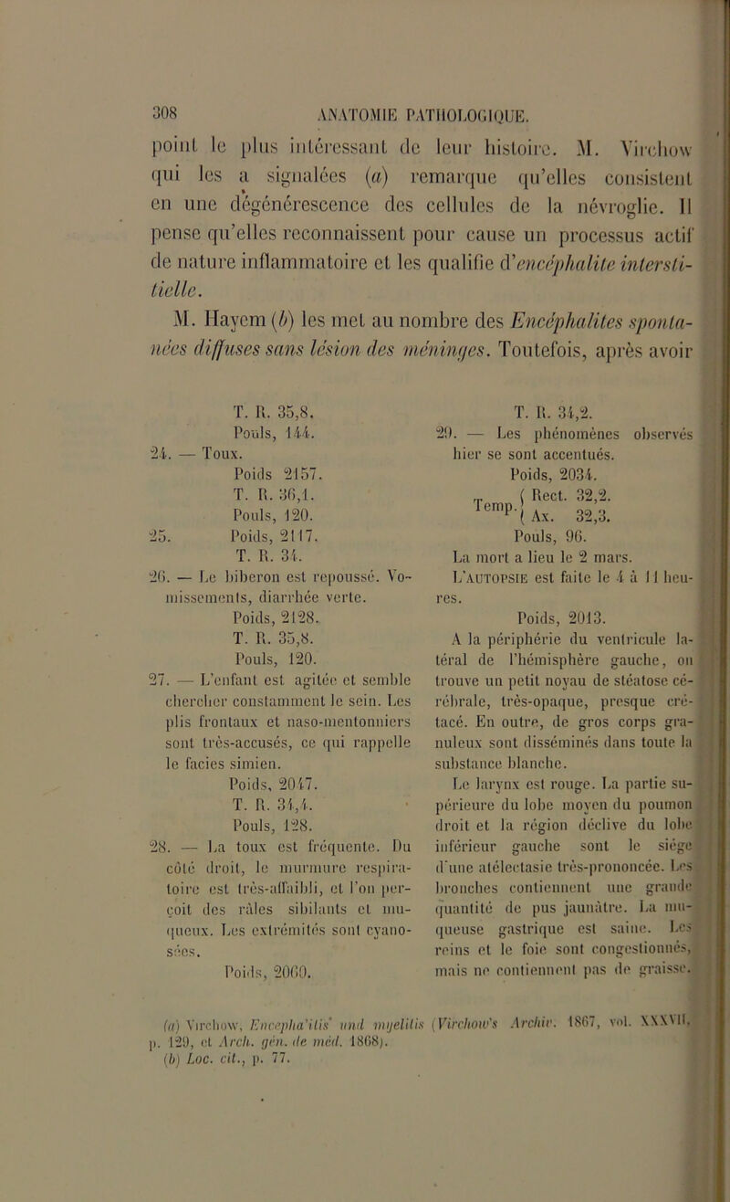 poinl le plus intéressant de leur histoire. M. Virchow qui les a signalées (a) remarque qu’elles consistent en une dégénérescence des cellules de la névroglie. 11 pense qu’elles reconnaissent pour cause un processus actif de nature inflammatoire et les qualifie d'encéphalite intersti- tielle. M. Haycm (b) les met au nombre des Encéphalites sponta- nées diffuses sans lésion des méninges. Toutefois, après avoir T. R. 35,8. Pouls, 144. 24. — Toux. Poids 2157. T. R. 30,1. Pouls, 120. 25. Poids, 2117. T. R. 34. 26. — Le biberon est repoussé. Vo- missements, diarrhée verte. Poids, 2128. T. R. 35,8. Pouls, 120. 27. — L’enfant est agitée et semble chercher constamment le sein. Les {dis frontaux et naso-mentonniers sont très-accusés, ce qui rappelle le faciès simien. Poids, 2047. T. R. 34,4. Pouls, 128. 28. — La toux est fréquente. Du côté droit, le murmure respira- toire est très-affaibli, et l’on per- çoit des râles sibilants cl mu- queux. Les extrémités sont cyano- sées. Poids, 2000. T. II. 34,2. 20. — Les phénomènes observés hier se sont accentués. Poids, 2034. ™ ( Rect. 32,2. TemP ( Ax. 32,3. Pouls, 96. La mort a lieu le 2 mars. L’autopsie est faite le 4 à 11 heu- res. Poids, 2013. A la périphérie du ventricule la- téral de l’hémisphère gauche, on trouve un petit noyau de stéatose cé- rébrale, très-opaque, presque cré- tacé. En outre, de gros corps gra- nuleux sont disséminés dans toute la substance blanche. Le larynx est rouge. La partie su- périeure du lobe moyen du poumon droit et la région déclive du lobe inférieur gauche sont le siège d'une atélectasie très-prononcée. Les bronches contiennent une grande quantité de pus jaunâtre. La mu- queuse gastrique est saine. Les reins et le foie sont congestionnés, mais ne contiennent pas de graisse. la) Virchow, Encepha'ilis' and iwjelilis (Vircliow's Archiv. 1867, vol. XXXVH, p. 129, et Arcli. çjén. île mért. 1868). (b) Loc. cit., p. 77.