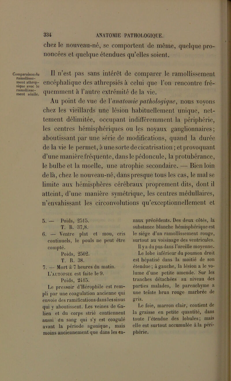 Comparaison du ramollisse- ment atlirep- sique avec lo ramollisse- ment sénile. 334 ANATOMIE PATHOLOGIQUE, chez le nouveau-né, se comportent de même, quelque pro- noncées et quelque étendues qu’elles soient. 11 n’est pas sans intérêt de comparer le ramollissement encéphalique des athrepsiés à celui que l’on rencontre fré- quemment à l’autre extrémité de la vie. Au point de vue de Vanatomie pathologique, nous voyons chez les vieillards une lésion habituellement unique, net- tement délimitée, occupant indifféremment la périphérie, les centres hémisphériques ou les noyaux ganglionnaires; aboutissant par une série de modifications, quand la durée de la vie le permet, à une sorte de cicatrisation ; et provoquant d’une manière fréquente, dans le pédoncule, la protubérance, le bulbe et la moelle, une atrophie secondaire. — Bien loin delà, chez le nouveau-né, dans presque tous les cas, le mal se limite aux hémisphères cérébraux proprement dits, dont il atteint, d’une manière symétrique, les centres médullaires, n’envahissant les circonvolutions qu’exceptionnellement et 5. — Poids, 2515. T. R. 37,8. G. — Ventre plat et mou, cris continuels, le pouls ne peut être compté. Poids, 2502. T. R. 38. 7. — Mort à 7 heures du matin. L’autopsie est faite le 9. Poids, 2415. Le pressoir d’Hérophile est rem- pli par une coagulation ancienne qui envoie des ramilicationsdanslessinus qui y aboutissent. Les veines de Ga- lien et du corps strié contiennent aussi du sang qui s’y est coagulé avant la période agonique, mais moins anciennement que dans les ca- naux précédents. Des deux côtés, la substance blanche hémisphérique est le siège d’un ramollissement rouge, surtout au voisinage des ventricules. Il y a du pus dans l’oreille moyenne. Le lobe inférieur du poumon droit est hépatisé dans la moitié de son étendue ; à gauche, la lésion a le vo- lume d’une petite amende. Sur les tranches détachées au niveau des parties malades, le parenchyme a une teinte brun rouge marbrée de gris. Le foie, marron clair, contient de la graisse en petite quantité, dans toute l’étendue des lobules; mais elle est surtout accumulée à la péri- phérie.