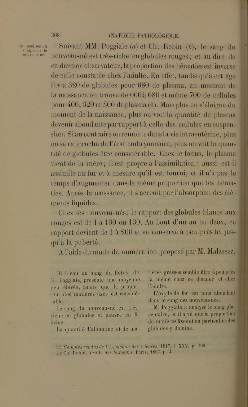 ^/imposition illi sang chez lu nom ciui-iié. 3(18 ANATOMIE PATHOLOGIQUE. Suivant MM. Poggiale (a) et Ch. Robin (//), le sang du nouveau-né est très-riche en globules rouges; et au dire de ce dernier observateur, la proportion des hématies est inverse de celle constatée chez l’adulte. En effet, tandis qu’à cet âge il y a 320 de globules pour 680 de plasma, au moment de la naissance on trouve de 600 à 680 et môme 700 de cellules pour 400,320 et 300 de plasma (1). Mais plus on s’éloigne du moment de la naissance, plus on voit la quantité de plasma devenir abondante par rapport à celle des cellules en suspen- sion. Si au contraire on remonte dans la vie intra-utérine, plus ! on se rapproche de l’état embryonnaire, plus on voit la quan- tité de globules être considérable. Chez le fœtus, le plasma vient de la mère; il est propre à l’assimilation : aussi est-il assimilé au fur et à mesure qu’il est fourni, et il n’a pas le 1 temps d’augmenter dans la même proportion que les héma- ties. Après la naissance, il s’accroît par l’absorption des élé • irents liquides. Chez les nouveau-nés, le rapport des globules blancs aux .1 rouees est de 1 à 100 ou 130. Au bout d’un an ou deux, ce rapport devient de 1 à 200 et se conserve à peu près tel jus- qu’à la puberté. A l’aide du mode de numération proposé par M. Malassez, | lières grasses semble être à peu près j la même chez ce dernier et chez j l’adulte. L’oxyde de fer est plus abondant dans le sang des nouveau-nés. M. Poggiale a analysé le sang pla- . centaire, et il a vu que la proportion de matières fixes et en particulier des globules y domine. (1) L’eau du sang du fœtus, dit ’i. Poggiale, présente une moyenne peu élevée, tandis que la propor- t.on des matières fixes est considé- rable. Le sang du nouveau-né est très- riche en globules et pauvre en fi- brine. La quantité d’albumine et de ma- ta) Comptes vendus (le. l'Académie des sciences, 181/, t. \X\. p- 198 {h) ('.11. Robin. Traité des humeurs. Paris, 1807, p. 11.