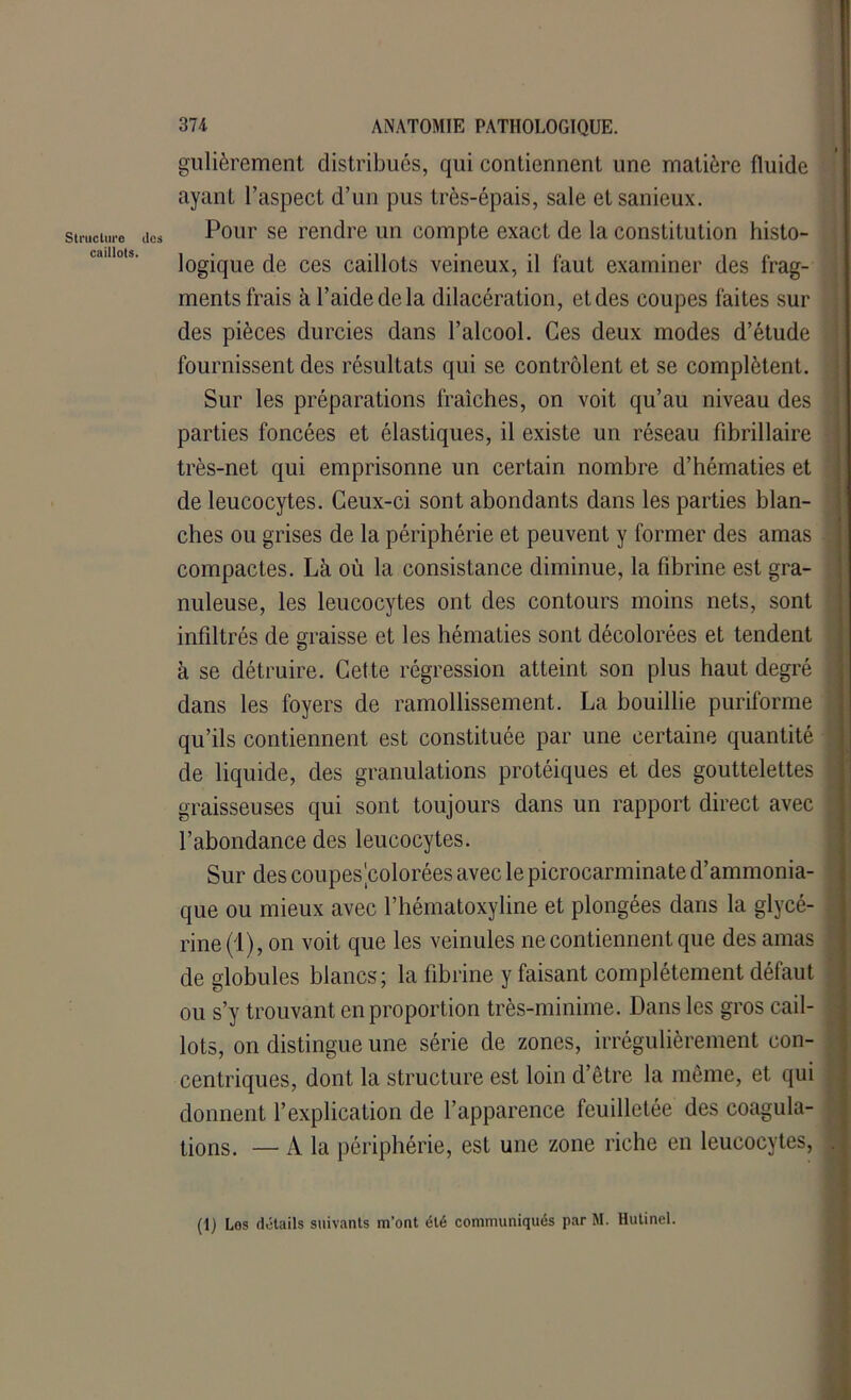 gulièrement distribués, qui contiennent une matière fluide ayant l’aspect d’un pus très-épais, sale et sanieux. Pour se rendre un compte exact de la constitution histo- logique de ces caillots veineux, il faut examiner des frag- ments frais à l’aide de la dilacération, et des coupes faites sur des pièces durcies dans l’alcool. Ces deux modes d’étude fournissent des résultats qui se contrôlent et se complètent. Sur les préparations fraîches, on voit qu’au niveau des parties foncées et élastiques, il existe un réseau fibrillaire très-net qui emprisonne un certain nombre d’hématies et de leucocytes. Ceux-ci sont abondants dans les parties blan- ches ou grises de la périphérie et peuvent y former des amas compactes. Là où la consistance diminue, la fibrine est gra- nuleuse, les leucocytes ont des contours moins nets, sont infiltrés de graisse et les hématies sont décolorées et tendent à se détruire. Cette régression atteint son plus haut degré dans les foyers de ramollissement. La bouillie puriforme qu’ils contiennent est constituée par une certaine quantité de liquide, des granulations protéiques et des gouttelettes graisseuses qui sont toujours dans un rapport direct avec l’abondance des leucocytes. Sur des coupes ^colorées avec le picrocarminate d’ammonia- que ou mieux avec l’hématoxyline et plongées dans la glycé- rine^), on voit que les veinules ne contiennent que des amas de globules blancs; la fibrine y faisant complètement défaut ou s’y trouvant en proportion très-minime. Dans les gros cail- lots, on distingue une série de zones, irrégulièrement con- centriques, dont la structure est loin d’être la même, et qui donnent l’explication de l’apparence feuilletée des coagula- tions. — A la périphérie, est une zone riche en leucocytes, (1) Los détails suivants m’ont été communiqués par M. Hutinel.