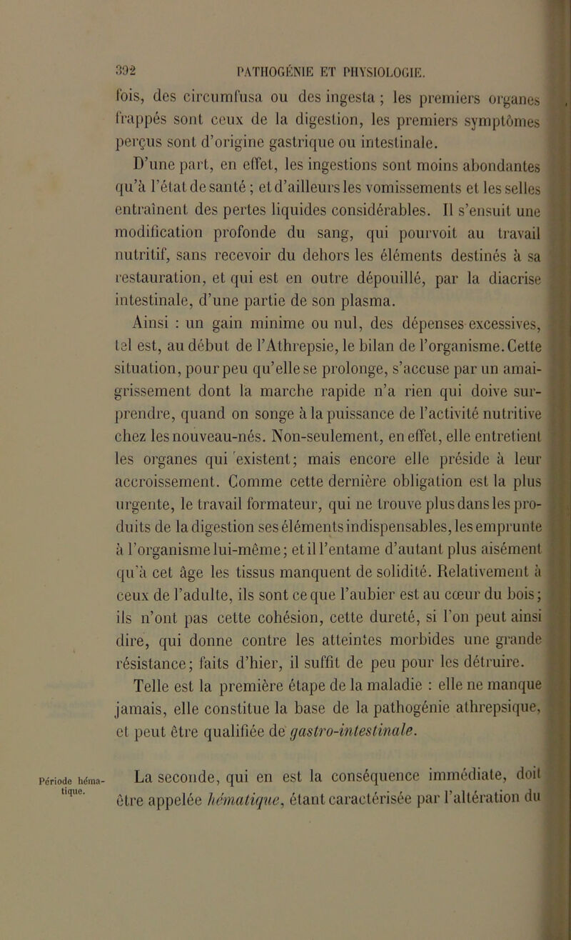 Période héraa tique. 30-2 PATHOGÉNIE ET PHYSIOLOGIE, lois, des circumfusa ou des ingesla ; les premiers organes I frappés sont ceux de la digestion, les premiers symptômes perçus sont d’origine gastrique ou intestinale. D’une part, en effet, les ingestions sont moins abondantes qu’à l’état de santé ; et d’ailleurs les vomissements et les selles j entraînent des pertes liquides considérables. Il s’ensuit une ! modification profonde du sang, qui pourvoit au travail nutritif, sans recevoir du dehors les éléments destinés à sa j restauration, et qui est en outre dépouillé, par la diacrise 1 intestinale, d’une partie de son plasma. Ainsi : un gain minime ou nul, des dépenses excessives, tel est, au début de l’Athrepsie, le bilan de l’organisme. Cette situation, pour peu qu’elle se prolonge, s’accuse par un amai- grissement dont la marche rapide n’a rien qui doive sur- prendre, quand on songe à la puissance de l’activité nutritive j chez les nouveau-nés. Non-seulement, en effet, elle entretient les organes qui existent ; mais encore elle préside à leur accroissement. Comme cette dernière obligation est la plus ; urgente, le travail formateur, qui ne trouve plus dans les pro- i duits de la digestion ses éléments indispensables, les emprunte \ à l’organisme lui-même; et il l’entame d’autant plus aisément 1 qu’à cet âge les tissus manquent de solidité. Relativement à 1 ceux de l’adulte, ils sont ce que l’aubier est au cœur du bois; ils n’ont pas cette cohésion, cette dureté, si l'on peut ainsi dire, qui donne contre les atteintes morbides une grande ] résistance; faits d’hier, il suffit de peu pour les détruire. Telle est la première étape de la maladie : elle ne manque jamais, elle constitue la base de la pathogénie athrepsique, 8 cl peut être qualifiée dé gastro-intestinale. La seconde, qui en est la conséquence immédiate, doil être appelée hématique, étant caractérisée par 1 altération du