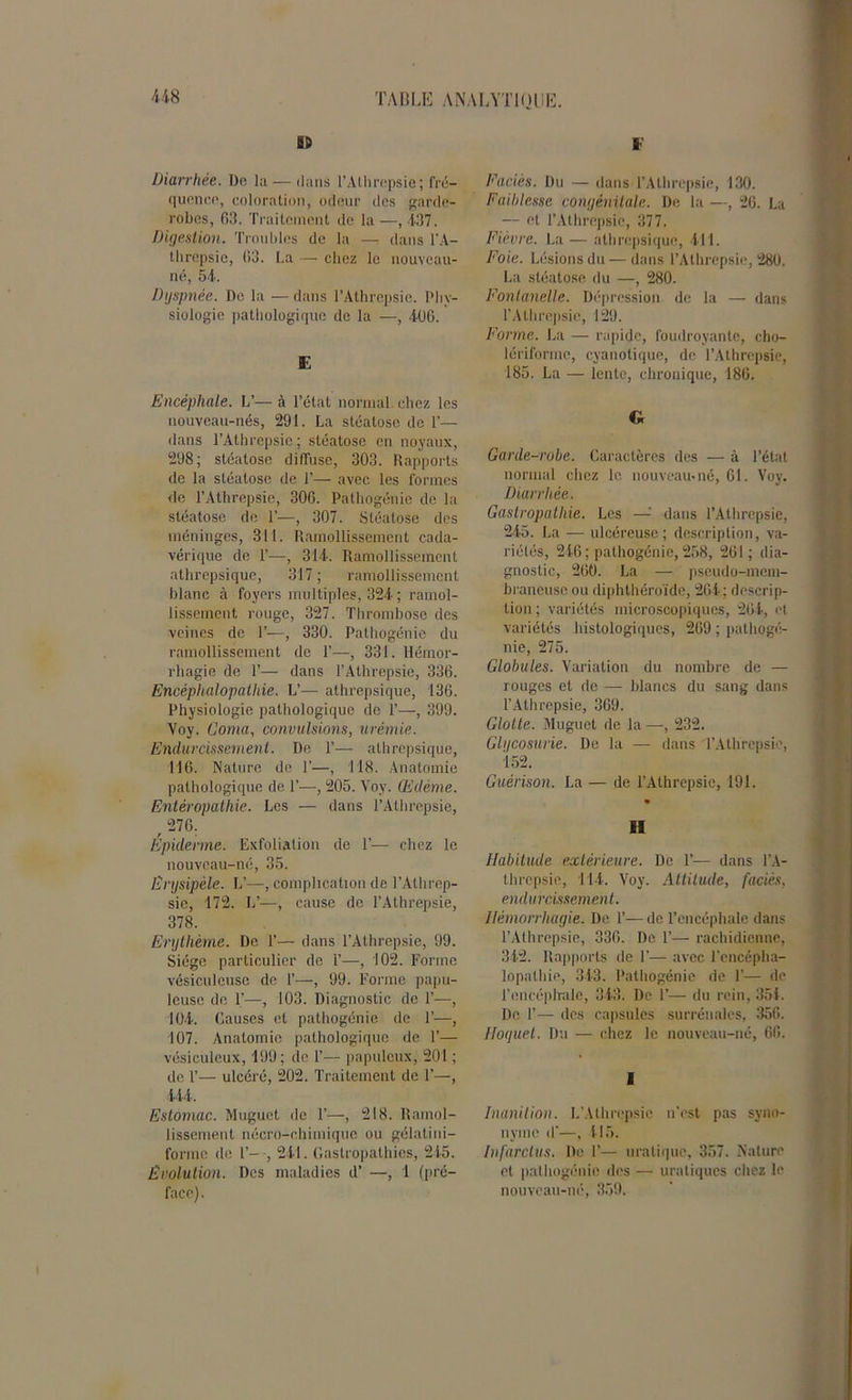 us BD F Diarrhée. De la — dans l’Allirepsie; fré- quence, coloration, odeur des garde- robes, 63. Traitement de la —, 4-37. Digestion. Troubles de la —r dans l’A- tbrepsie, 63. La — chez le nouveau- né, 54. Dyspnée. De la — dans l’Athrepsie. Phy- siologie pathologique de la —, 4116. E Encéphale. L’— à l’état normal, chez les nouveau-nés, 291. La stéatose de T— dans l’Atbrepsie; stéatose en noyaux, 298; stéatose diffuse, 303. Rapports de la stéatose de F— avec les formes de l’Athrepsie, 306. Pathogénie de la stéatose de F—, 307. Stéatose des méninges, 311. Ramollissement cada- vérique de F—, 314. Ramollissement athrepsique, 317 ; ramollissement blanc à foyers multiples, 324 ; ramol- lissement rouge, 327. Thrombose des veines de F—, 330. Pathogénie du ramollissement de F—, 331. Hémor- rhagie de F— dans l’Athrepsie, 336. Encéphalopathie. L’— athrepsique, 136. Physiologie pathologique de F—, 399. Voy. Coma, convulsions, urémie. Endurcissement. De F— athrepsique, 116. Nature de F—, 118. Anatomie pathologique de F—, 205. Voy. (Eclème. Entéropathie. Les — dans l’Athrepsie, r 276. Epiderme. Exfoliation de F— chez le nouveau-né, 35. Erysipèle. L’—, complication de FAthrep- sie, 172. IF—, cause de l’Athrepsie, 378. Erythème. De F— dans l’Athrepsie, 99. Siège particulier de F—, 102. Forme vésiculcuse de F—, 99. Forme papu- leuse de F—, 103. Diagnostic de F—, 104. Causes et pathogénic de F—, 107. Anatomie pathologique de F— vésiculeux, 199; de F— populeux, 201 ; de F— ulcéré, 202. Traitement de F—, 444. Estomac. Muguet de F—, 218. Ramol- lissement nécro-chimique ou gélatiui- forme de F- , 241. Gastropathies, 245. Evolution. Des maladies d’ —, 1 (pré- face). Faciès. Du — dans FAlhrepsie, 130. Faiblesse congénitale. De la —, 26. La — et l’Athrepsie, 377. Fièvre. La— athrepsique, 411. Foie. Lésions du — dans FAlhrepsie, 280. La stéatose du —, 280. Fontanelle. Dépression de la — dans l’Athrepsie, 129. Forme. La — rapide, foudroyante, cho- lériforme, cyanotique, de FAthrepsie, 185. La — lente, chronique, 186. G Garde-robe. Caractères des — à l’étal normal chez le nouveau-né, 01. Voy. Diarrhée. Gastropathie. Les —: dans FAthrepsie, 245. La — ulcéreuse; description, va- riétés, 246; pathogénie, 258, 261; dia- gnostic, 260. La — pseudo-mem- braneuse ou diphthéroïde, 264 ; descrip- tion ; variétés microscopiques, 264, et variétés histologiques, 269 ; pathogé- nie, 275. Globules. Variation du nombre de — rouges et de — blancs du sang dans FAthrepsie, 369. Glotte. Muguet de la—, 232. Glycosurie. De la — dans FAthrepsie, 152. Guérison. La — de FAthrepsie, 191. « II Habitude extérieure. De F— dans FA- threpsie, 114. Voy. Altitude, faciès, endurcissement. Hémorrhagie. De F— de l’encéphale dans FAthrepsie, 336. De F— rachidienne, 342. Rapports de F— avec l’encépha- lopathie, 343. Rathogénie de F— de l’encéphale, 343. De F— du rein, 354. De F— des capsules surrénales, 356. Hoquet. Du — chez le nouveau-né, 66. I Inanition. L’Alhrepsie n’est pas syno- nyme d—, 415. Infarctus. De F— uralique, 357. Nature et pathogénic des — uraliques chez le nouveau-né, 359.