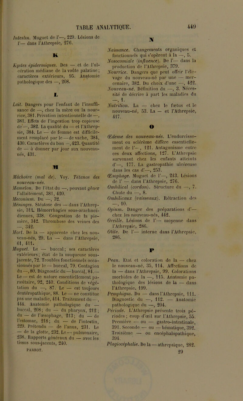 Intestin. Muguet de 1’—, 229. Lésions de 1’— dans l’Athrepsie, 276. K Kystes épidermiques. Des — et de l’ul- cération médiane de la voûte palatine ; caractères extérieurs, 95. Anatomie pathologique des —, 208. L Lait. Dangers pour l’enfant de l’insuffi- sance de —, chez la mère ou la nour- rice, 381. Privation intentionnelle de —, 381. Effets de l’ingestion trop copieuse de'—, 382. La qualité du — et l’Athrcp- sie, 384. Le — de femme est difficile- ment remplacé parle — de vache, 384, 430. Caractères du bon —,423. Quantité de — à donner par jour aux nouveau- nés, 431. I»I Mâchoire (mal de). Voy. Tétanos des nouveau-nés. Mamelon. De l’état du —, pouvant gêner l’allaitement, 381, 420. Méconium. Du —, 32. Méninges. Stéatose des—dans l’Athrep- sie, 311. Hémorrhagies sous-arachnoï- diennes, 338. Congestion de la pie- mère, 342. Thrombose des veines des —, 342. Mort. De la — apparente chez les nou- veau-nés, 29. La — dans l’Athrepsie, 61, 411. Muguet. Le — buccal; ses caractères extérieurs; état de la muqueuse sous- jacente, 72. Troubles fonctionnels occa- sionnés par le— buccal, 79. Contagion du—,80. Diagnostic du — buccal, 84.— Le—est de nature essentiellement pa- rasitaire, 92, 240. Conditions de végé- tation du —, 87. Le — est toujours deutéropatbique, 88. Le — ne constitue pas une maladie, 414. Traitement du —, 444. Anatomie pathologique du — buccal, 208; du — du pharynx, 212; du — de l’œsophage, 213; du — de l’estomac, 218; du — de l’intestin, 229. Prétendu — de l’anus, 231. Le — de la glotte, 232. Le — pulmonaire, 238. Rapports généraux du — avec les tissus sous-jacents, 240. PAKROT. ai Naissance. Changements organiques et fonctionnels qui s’opèrent à la —, 5. Nosocomiale (influence). De 1’— dans la production de l’Athrepsie, 379. Nourrice. Dangers que peut offrir l’éle- vage du nouveau-né par une — mer- cenaire, 382. Du choix d’une —, 422. Nouveau-né. Définition du —, 3. Néces- sité de décrire à part les maladies du -, U Nutrition. La — chez le fœtus et le nouveau-né, 53. La — et l’Athrepsie, 417. O Œdème des nouveau-nés. L’endurcisse- ment ou sclérème diffère essentielle- ment de 1’—, 121. Antagonisme entre ces deux affections, 127. L’Athrepsie survenant chez les enfants atteints d’—, 177. La gastropathie ulcéreuse dans les cas d’—, 253. Œsophage. Muguet de 1’—, 213. Lésions de 1’ — dans l’Athrepsie, 276. Ombilical (cordon). Structure du —, 7. Chute du —, 8. Ombilicaux (vaisseaux). Rétraction des -, 10. Opium. Danger des préparations d’— chez les nouveau-nés, 442. Oreille. Lésions de 1’— moyenne dans l’Athrepsie, 286. Otite. De T— interne dans l’Athrepsie, 286. P Peau. Etat et coloration de la — chez le nouveau-né, 35, 114. Affections de la — dans l’Athrcpsie, 99. Colorations morbides de la —, 115. Anatomie pa- thologique des lésions de la — dans l’Athrepsie, 199. Pempliigus. Du — dans l’Athrepsie, 111. Diagnostic du —, 112. — Anatomie pathologique du —, 204. Période. L’Athrepsie présente trois pé- riodes ; coup d’œil sur l’Athrepsie, 55. Première — ou — gastro-intestinale, 391. Seconde — ou — hématique, 392. Troisième — ou eneéphalopathique, 394. Plagiocéphalie. Delà — athrepsique, 282. 29